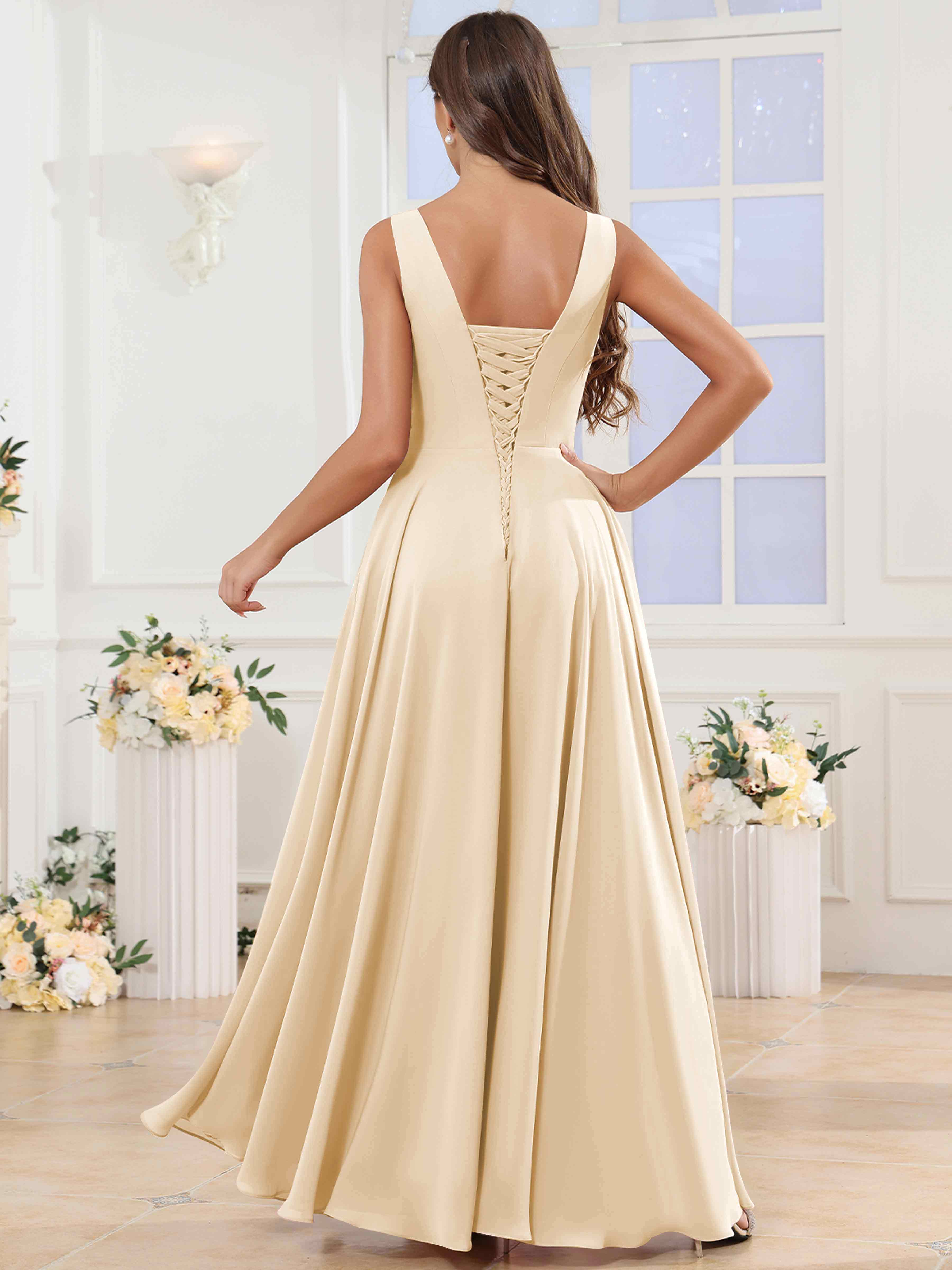 plunging v neck crinkle chiffon bridesmaid dress V-neckline Spaghetti Strap Teal Chiffon Bridesmaid Gown