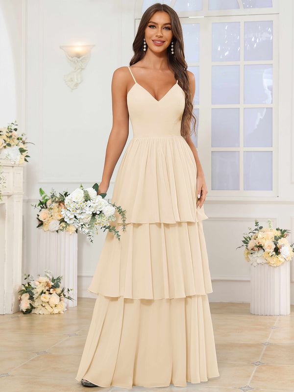V-Neck Spaghetti Straps Tiered Chiffon Bridesmaid Dress With Ruffles