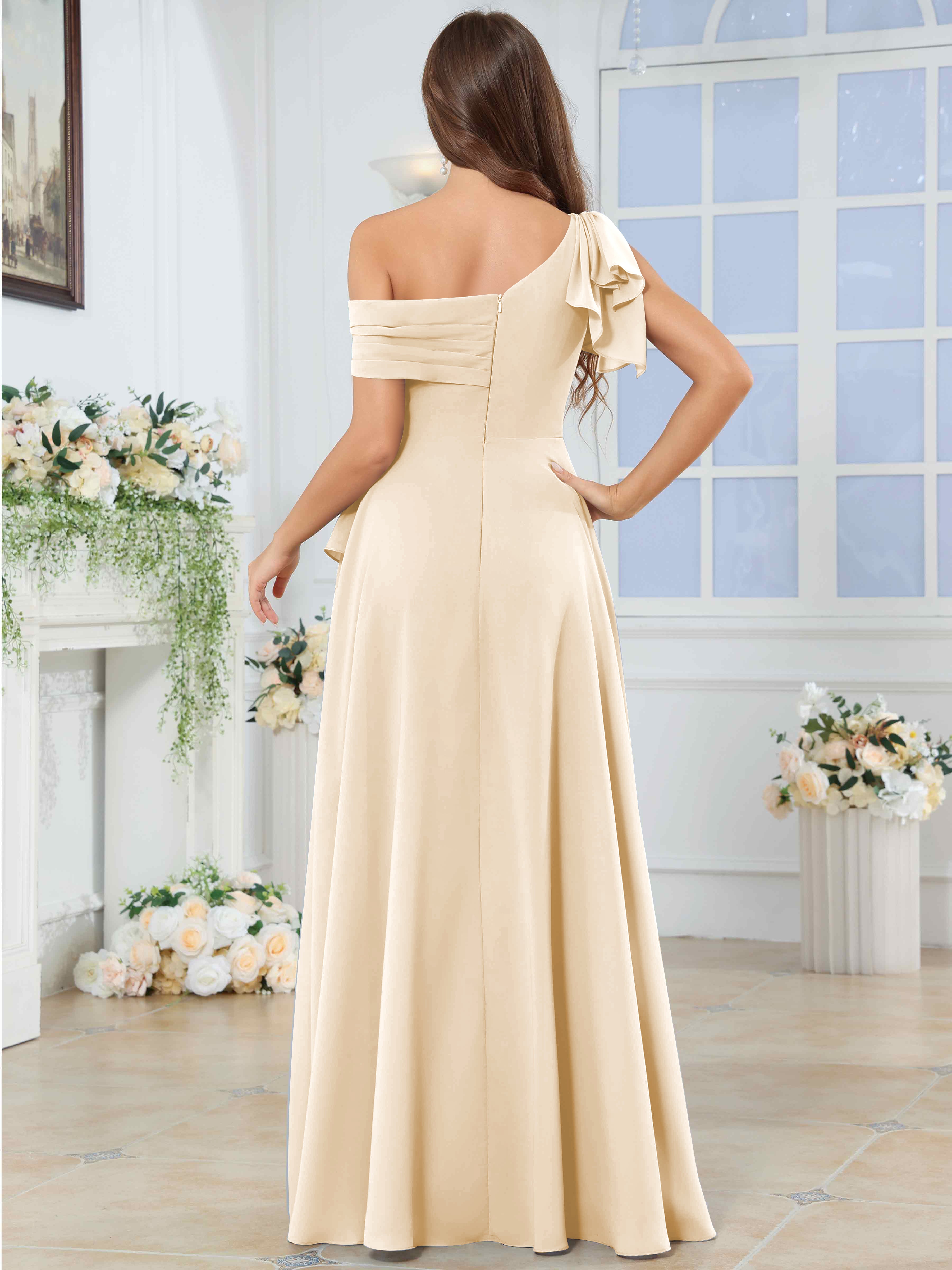 ROVDESY One Shoulder Pleated Ruffle Chiffon Bridesmaid Dress With Slit
