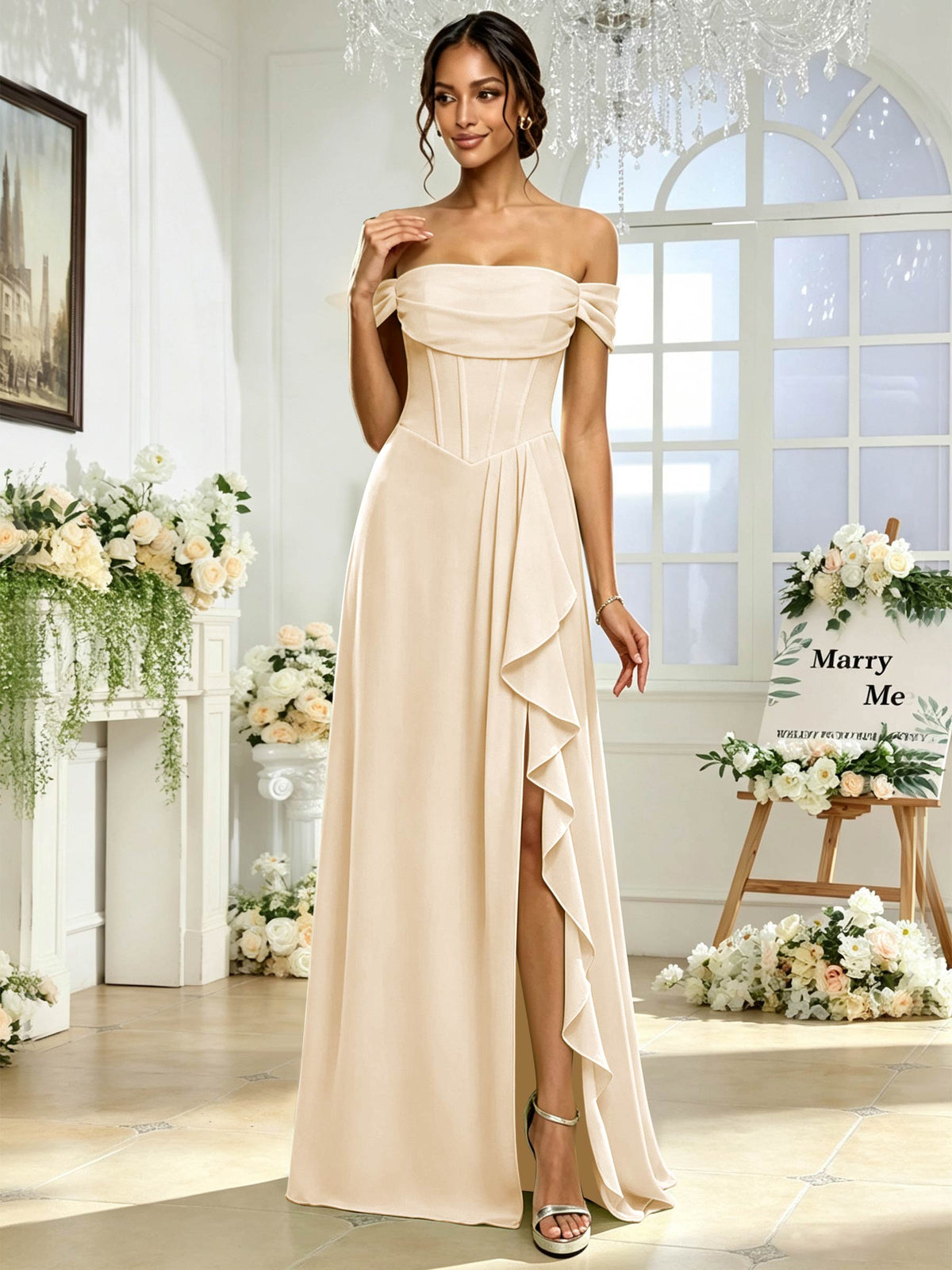 Off the Shoulder Chiffon A Line Long Bridesmaid Dress with Slit