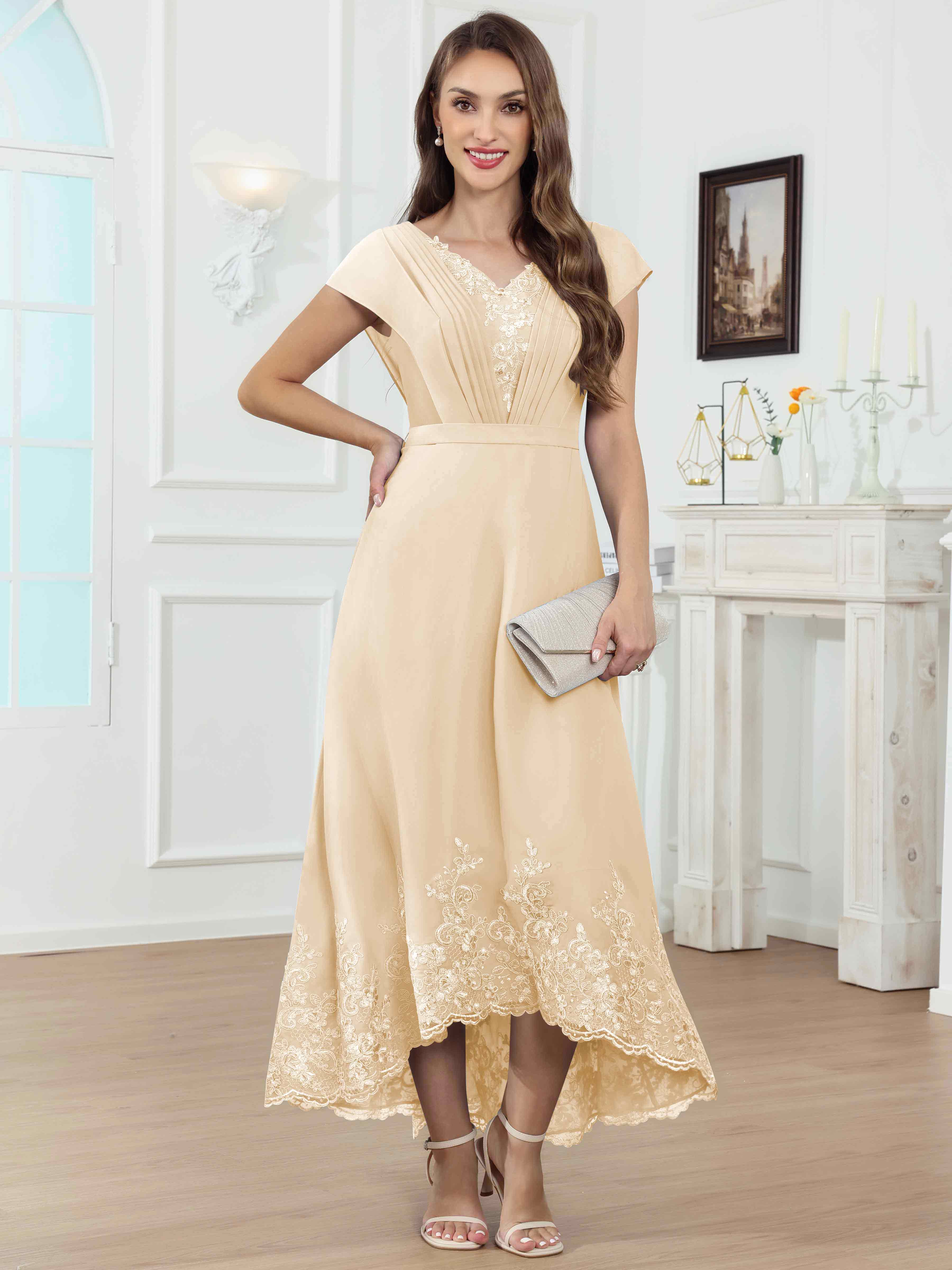 ROVDESY Tea Length High-Low V-Neck Ruched Lace Chiffon Mother of The Bride Dress for Women