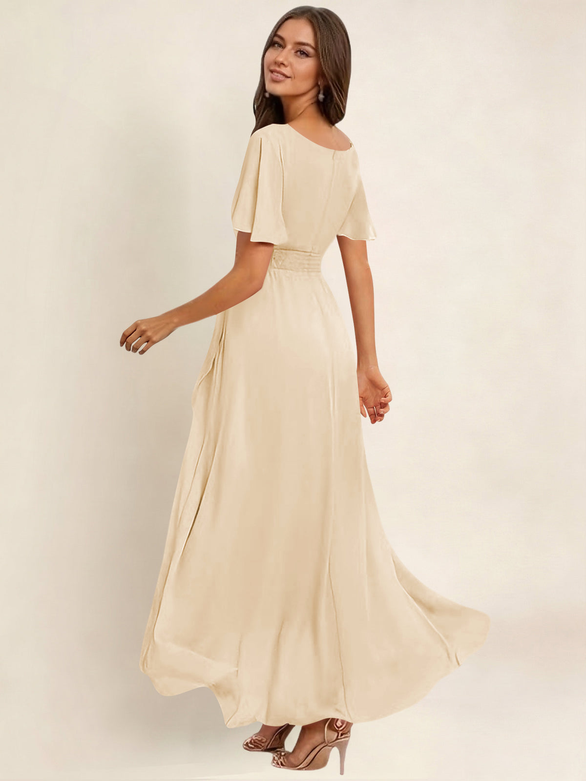 ROVDESY A-Line High Low Round Neck Pleated Ruffle Chiffon Bridesmaid Dress With Short Sleeves