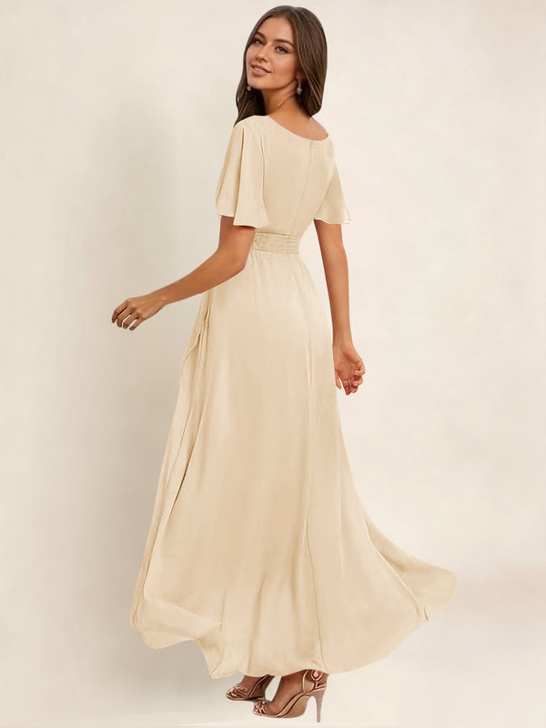 A-Line High Low Round Neck Pleated Ruffle Chiffon Bridesmaid Dress With Short Sleeves