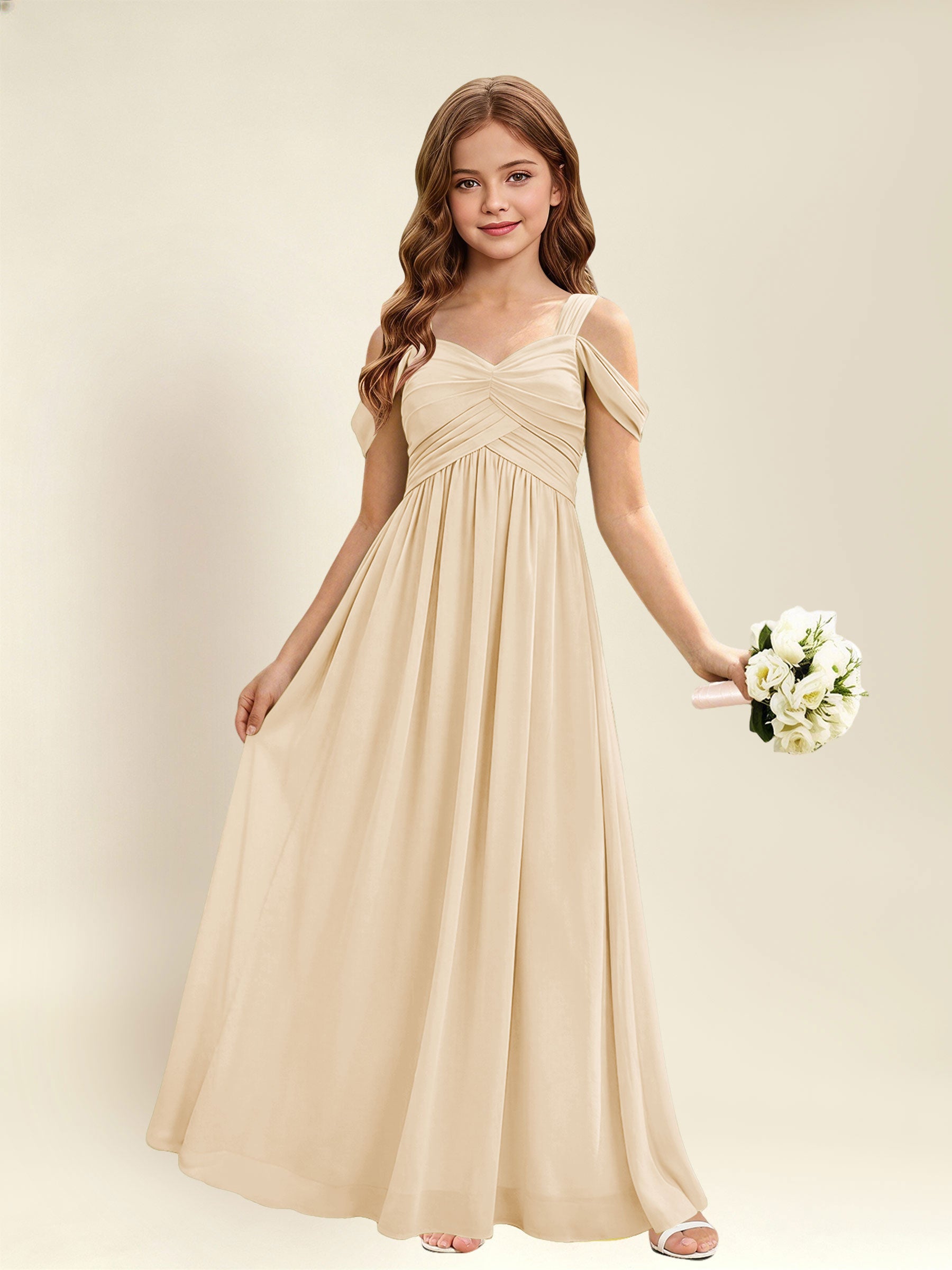ROVDESY A-Line Off The Shoulder Pleated Chiffon Junior Bridesmaid Dress
