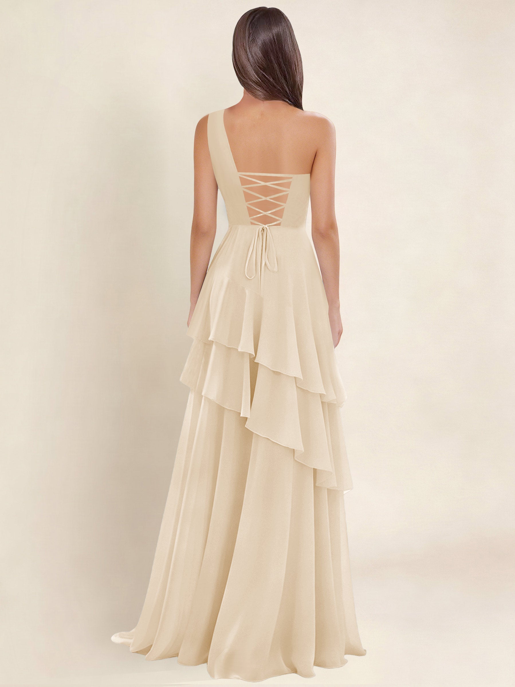 ROVDESY A-Line One Shoulder Pleated Tiered Chiffon Bridesmaid Dress