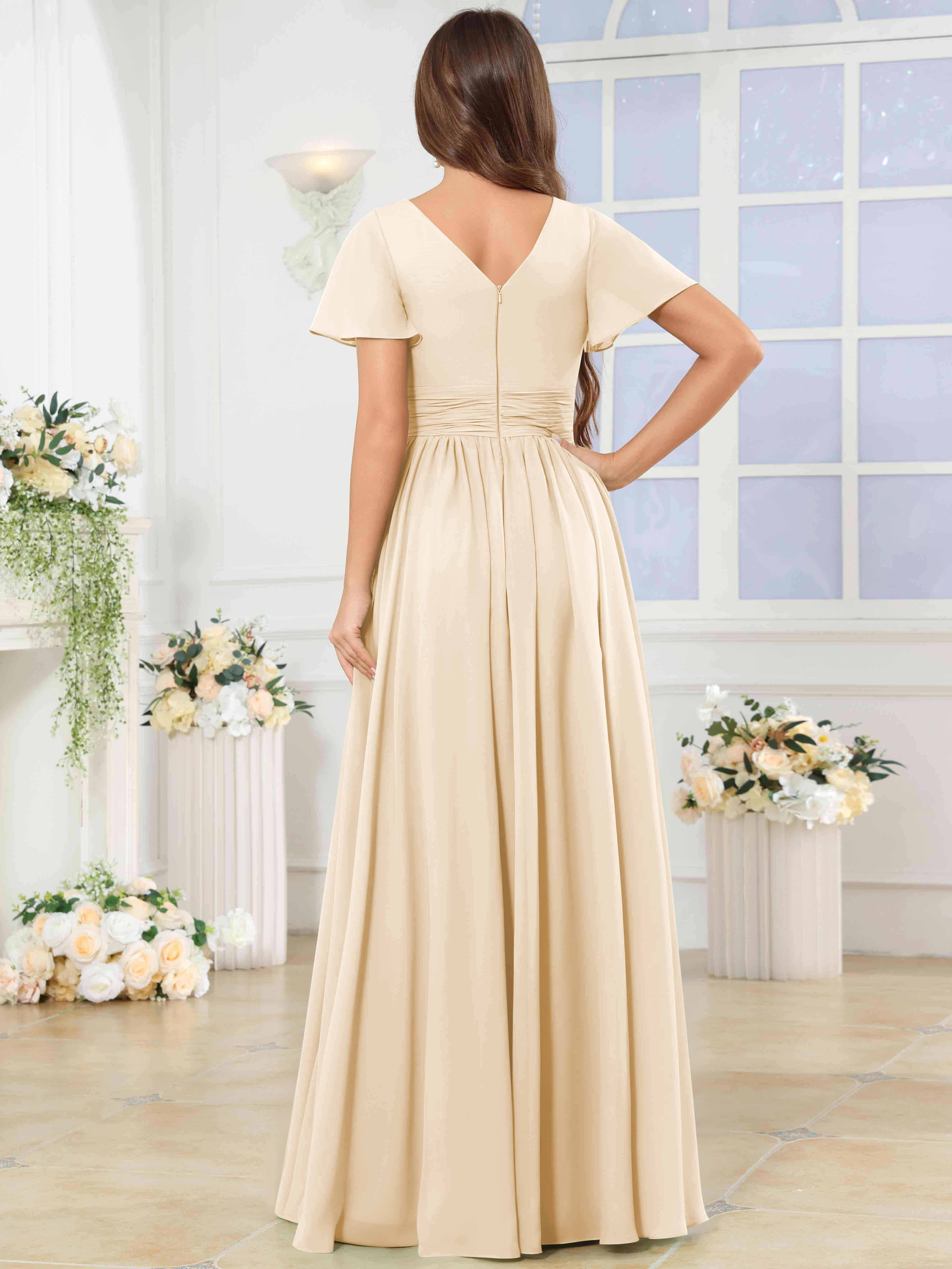 ROVDESY A-Line V-Neck Slit Pleated Ruffle Chiffon Bridesmaid Dress With Short Sleeves
