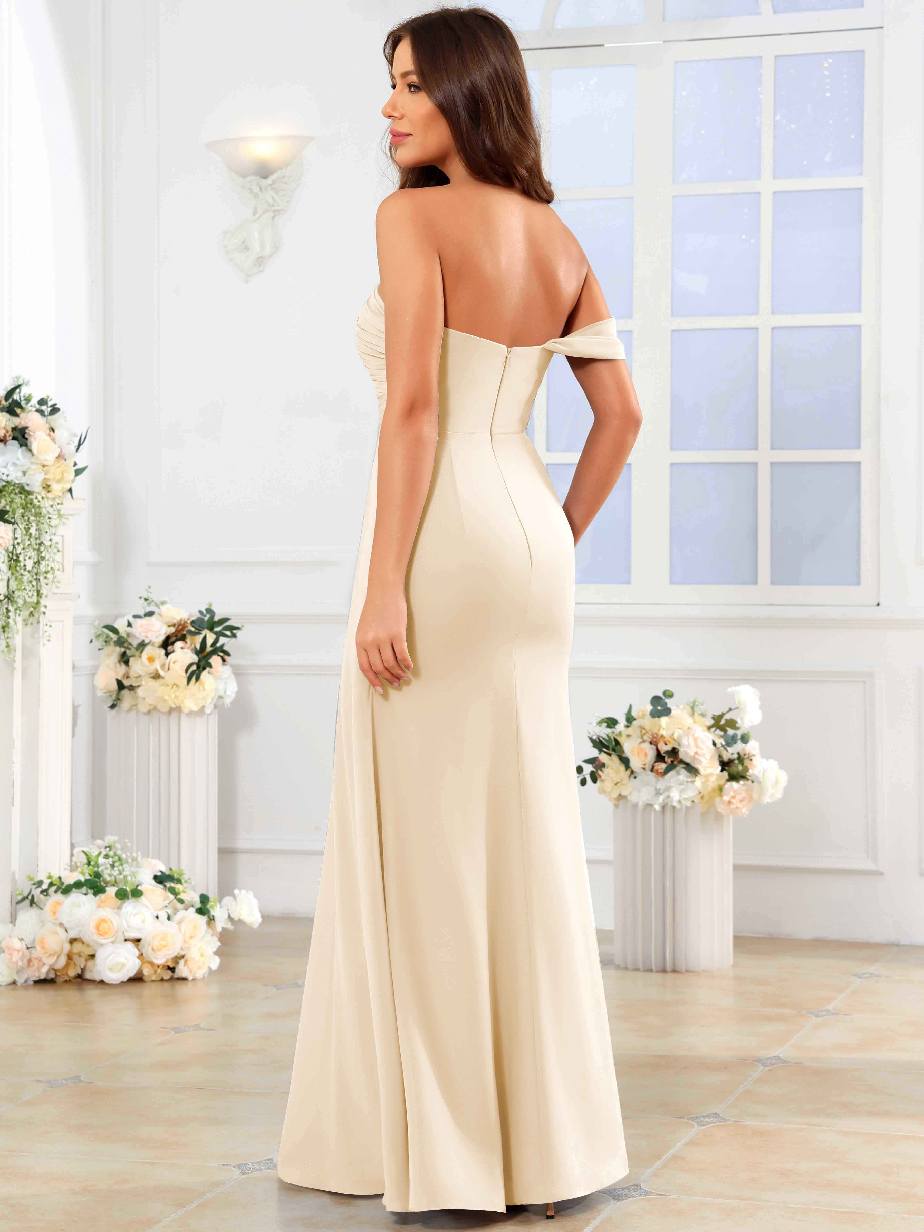 ROVDESY One Shoulder Off The Shoulder Pleated Chiffon Bridesmaid Dress