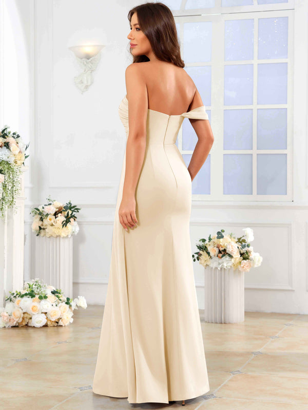 One Shoulder Off The Shoulder Pleated Chiffon Bridesmaid Dress