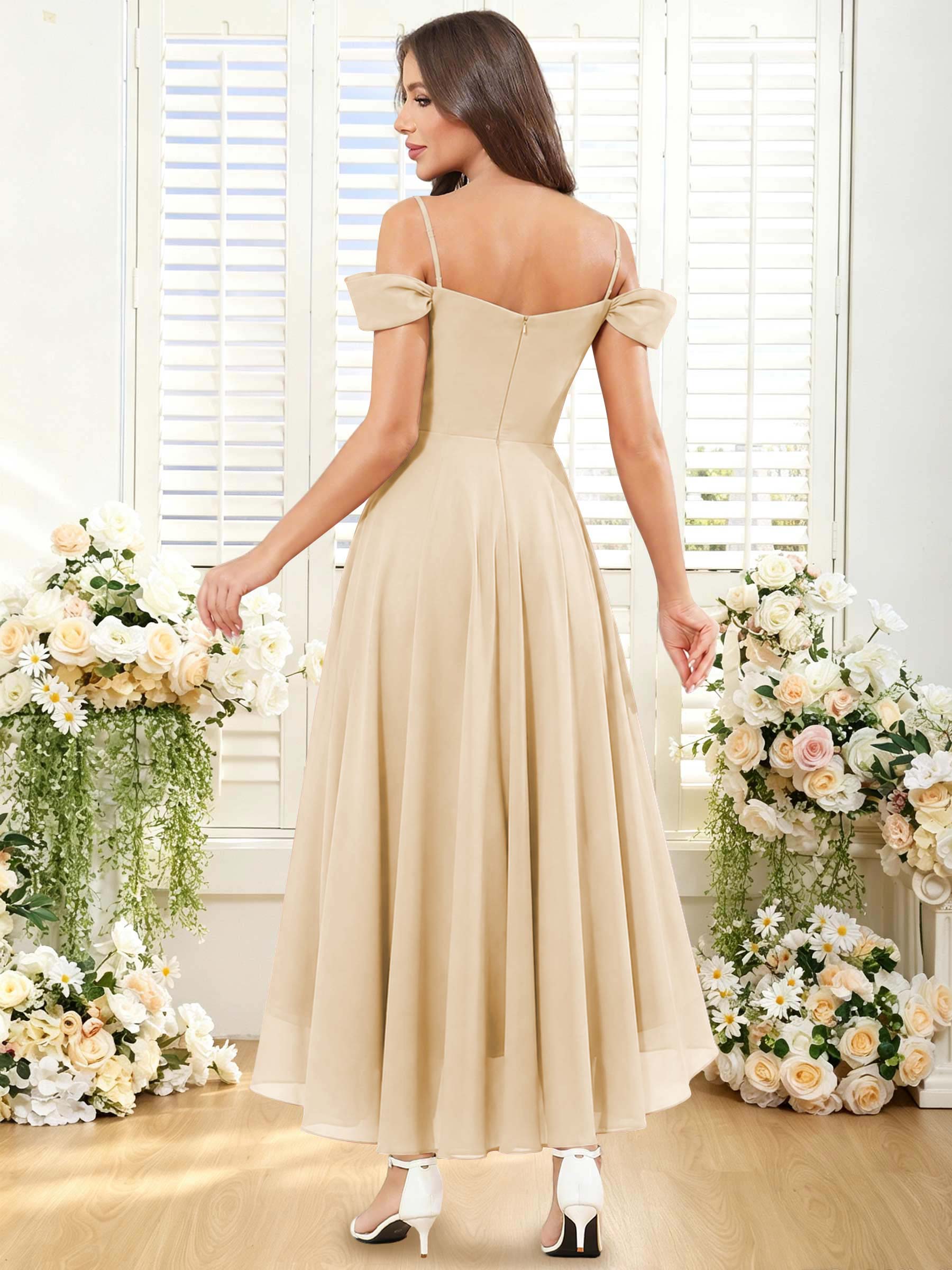 ROVDESY ROVDESY Short Cold Shoulder Sweetheart High Low Pleated Chiffon Bridesmaid Dress