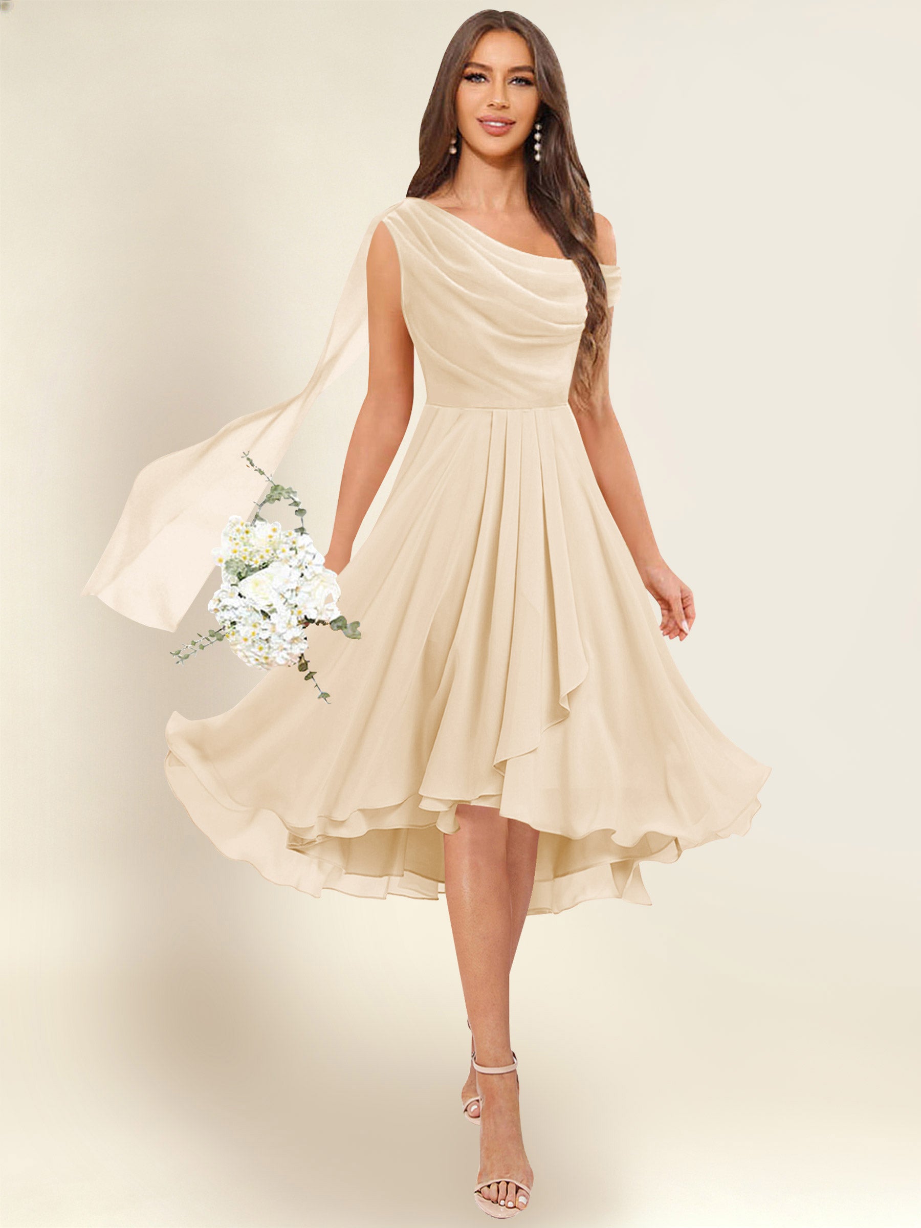 ROVDESY A-Line One Shoulder Pleated Chiffon Bridesmaid Dress With Flowing Sash