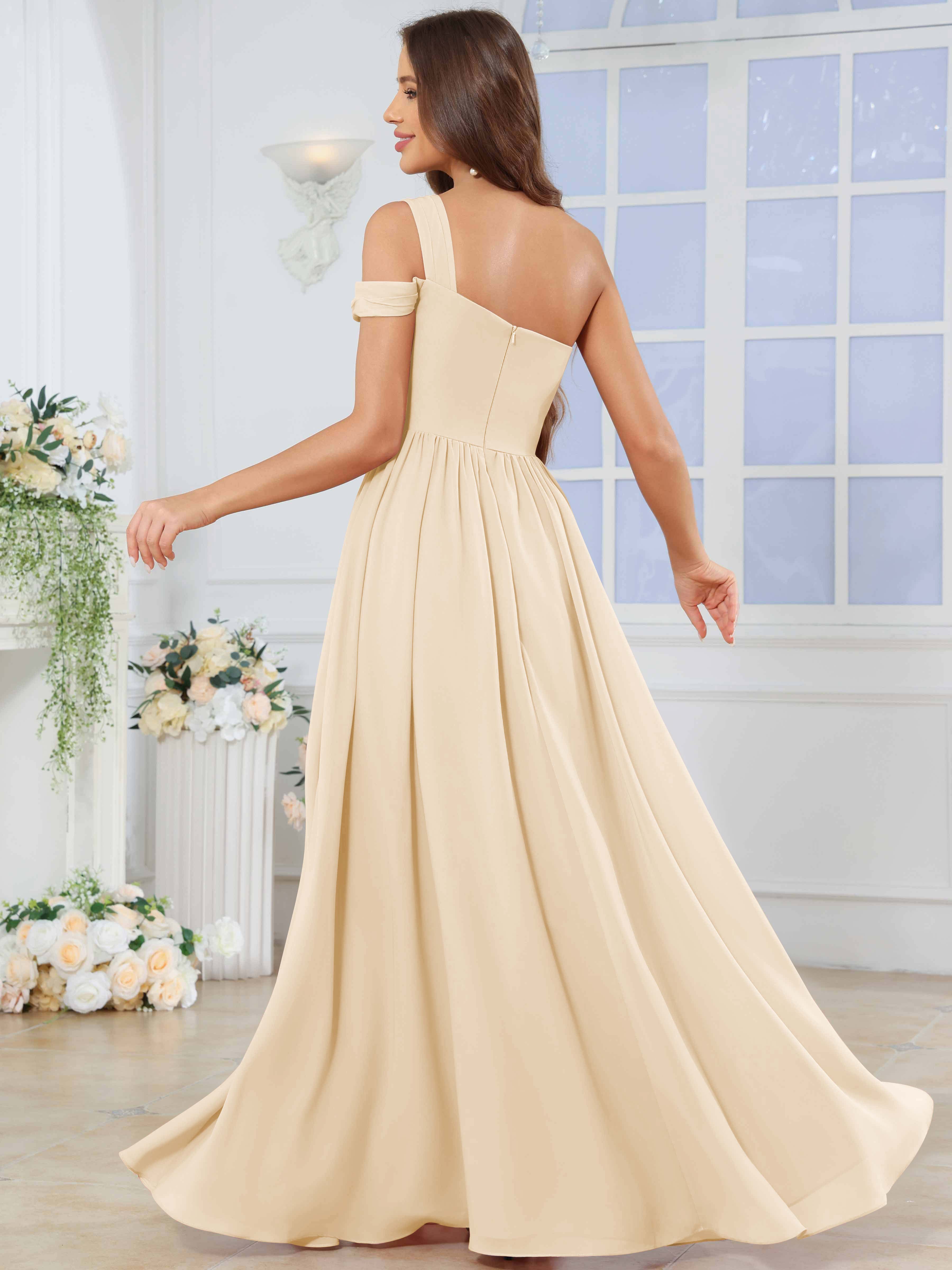 ROVDESY One Shoulder Pleated Chiffon Bridesmaid Dress With Slit