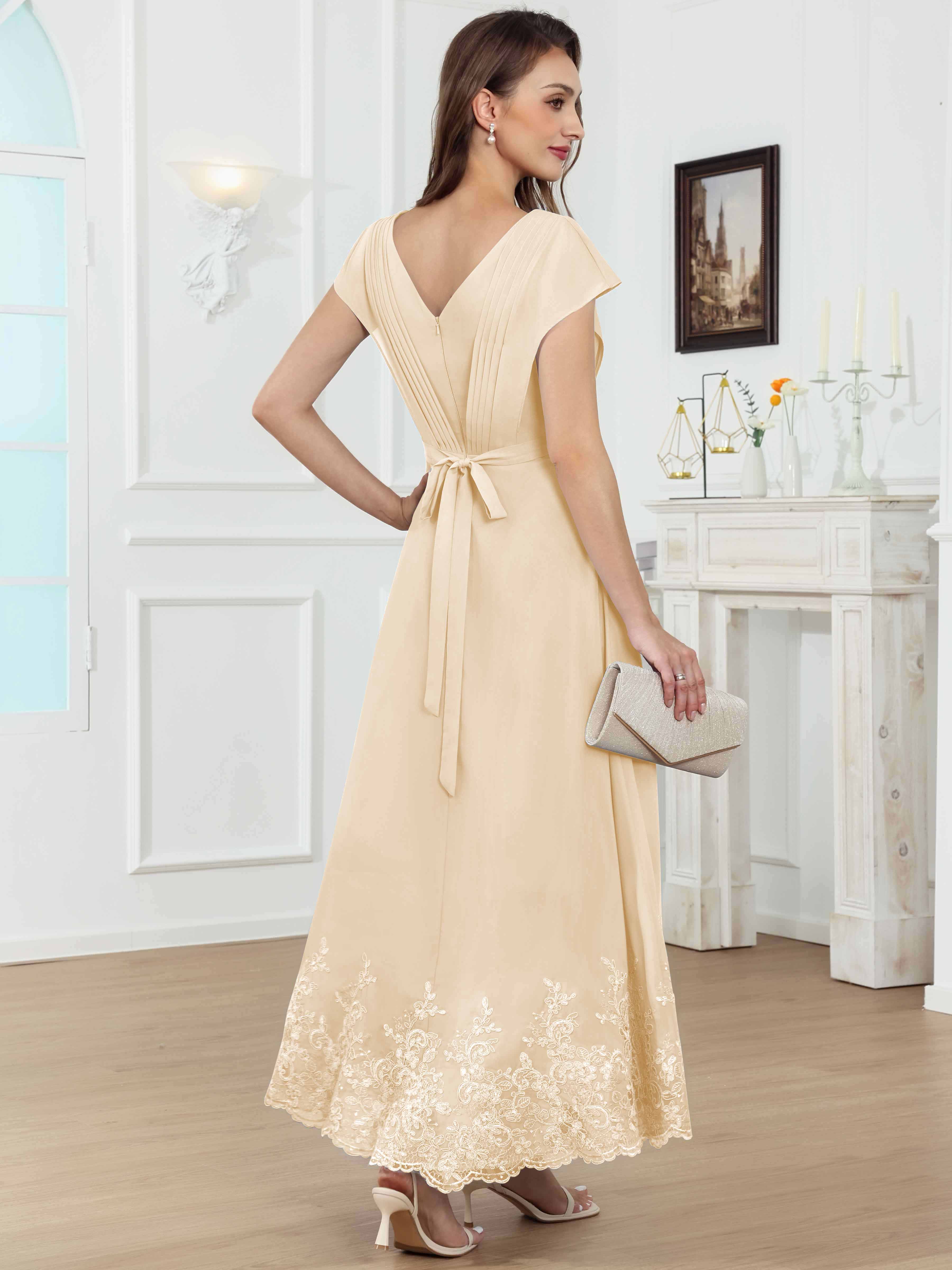 ROVDESY Tea Length High-Low V-Neck Ruched Lace Chiffon Mother of The Bride Dress for Women