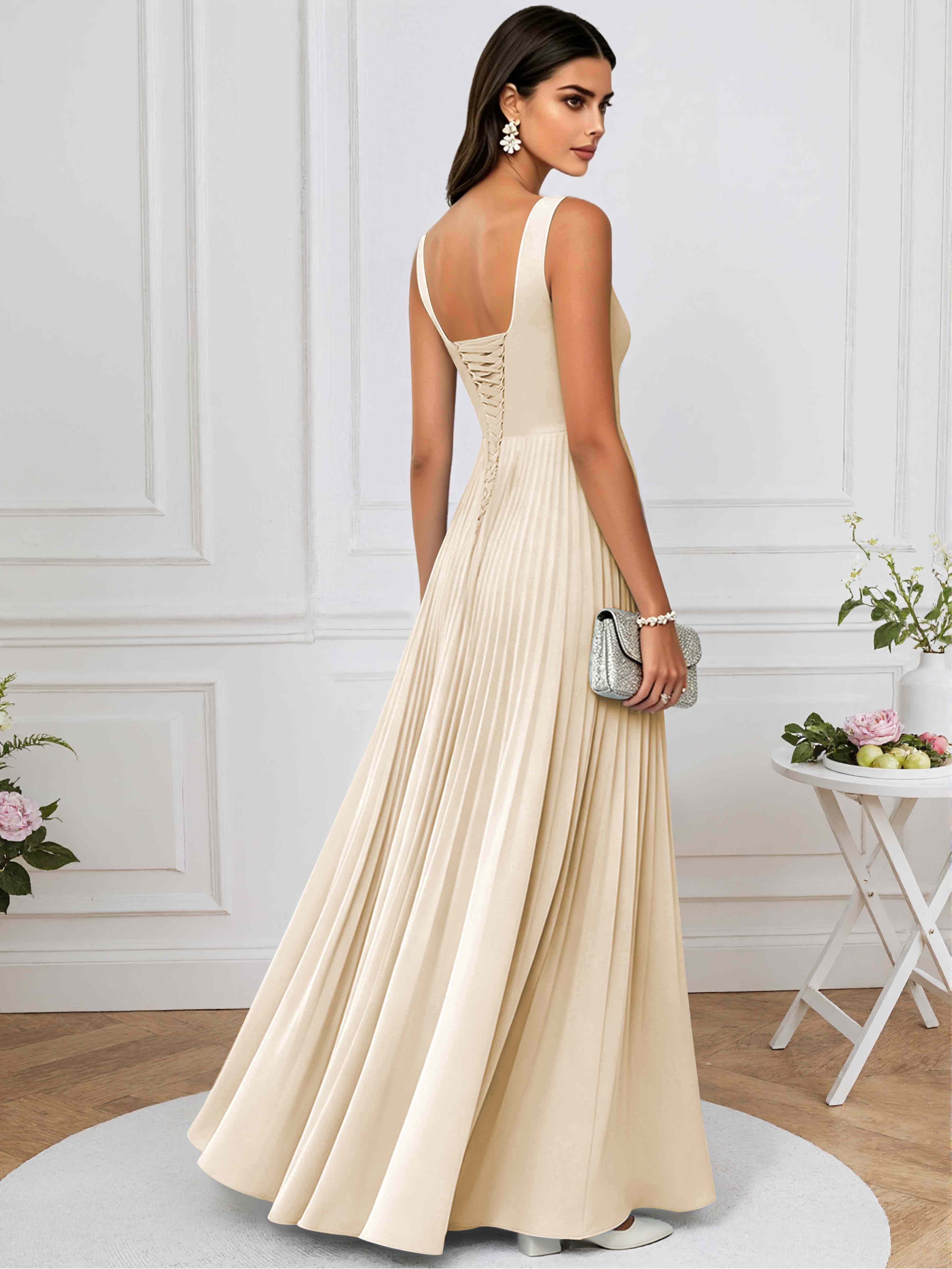 ROVDESY A-Line Square Neck Pleated Chiffon Long Bridesmaid/Prom Dress