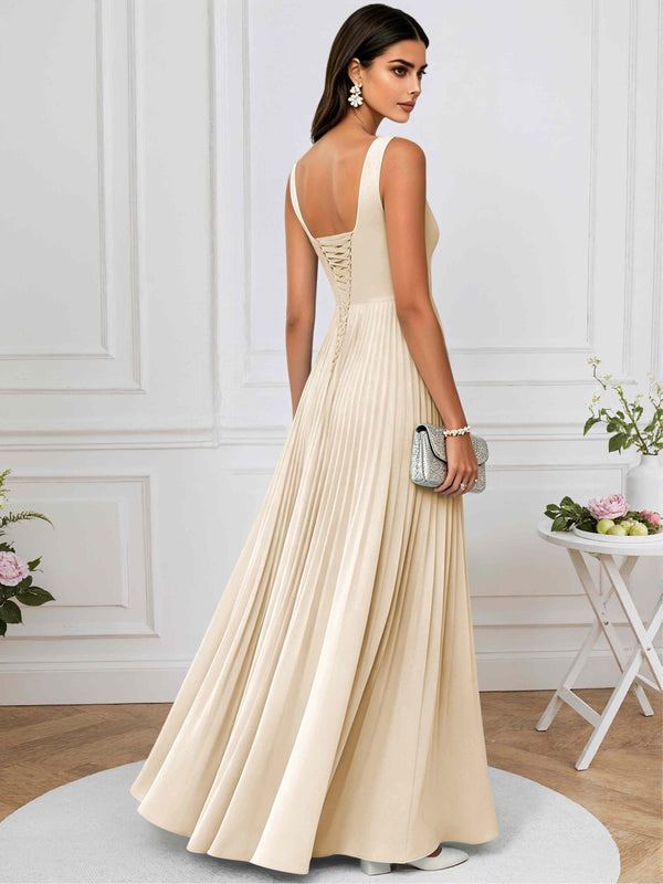 A-Line Square Neck Pleated Chiffon Long Bridesmaid/Prom Dress