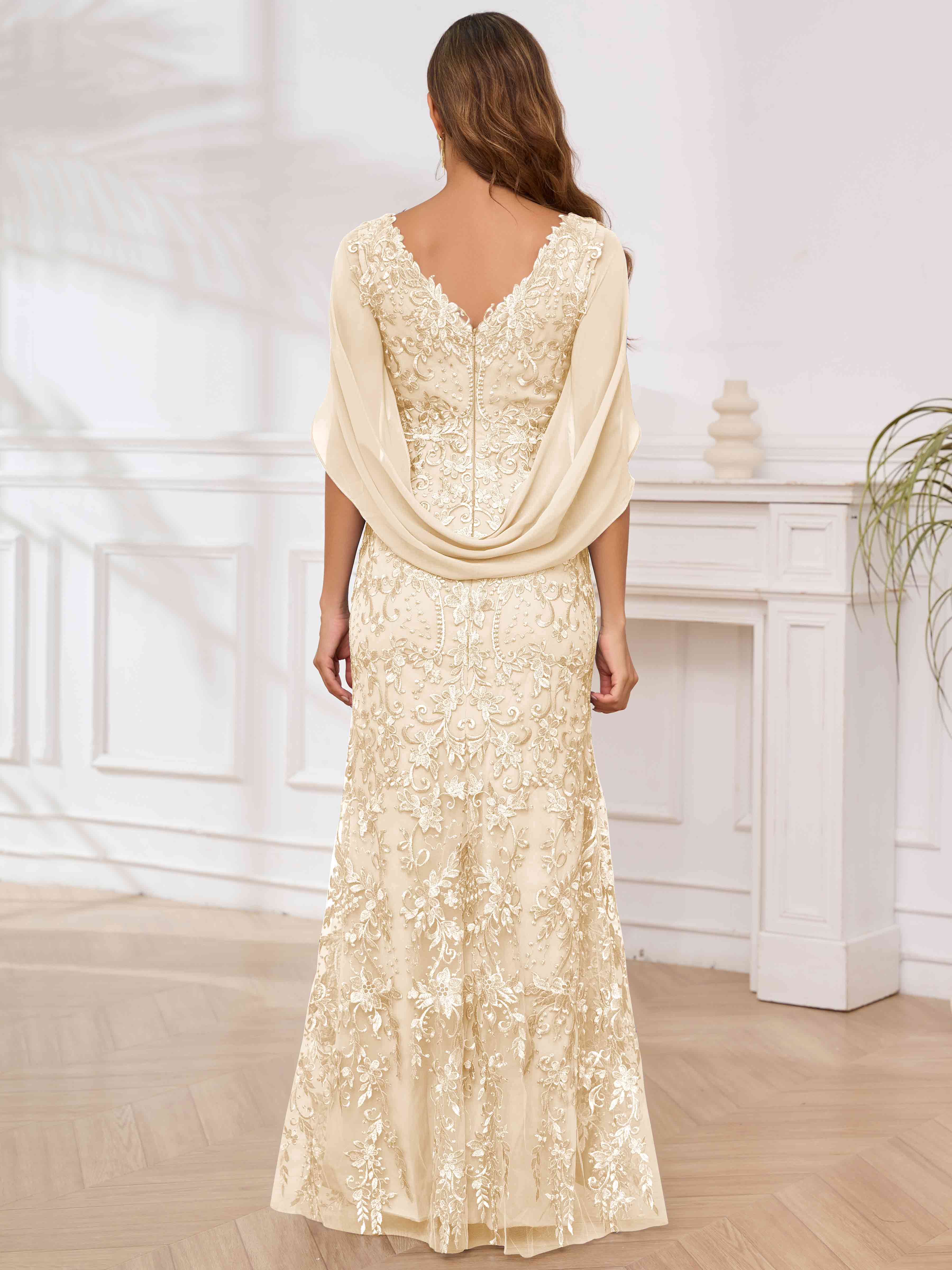 ROVDESY V-Neck Lace Mermaid Mother Of The Bride Dress With Cape Sleeves Long Formal Gown