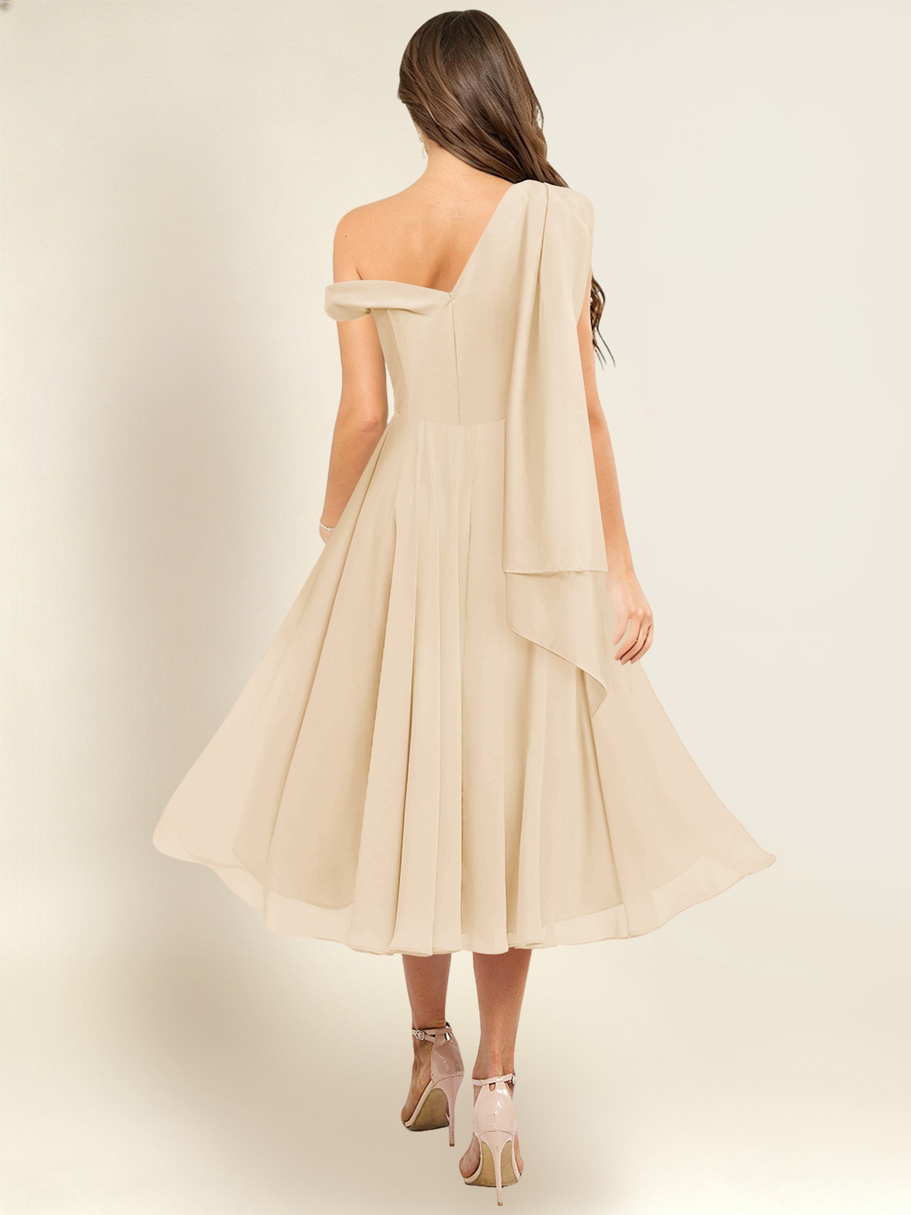 ROVDESY A-Line One Shoulder Pleated Chiffon Bridesmaid Dress With Flowing Sash