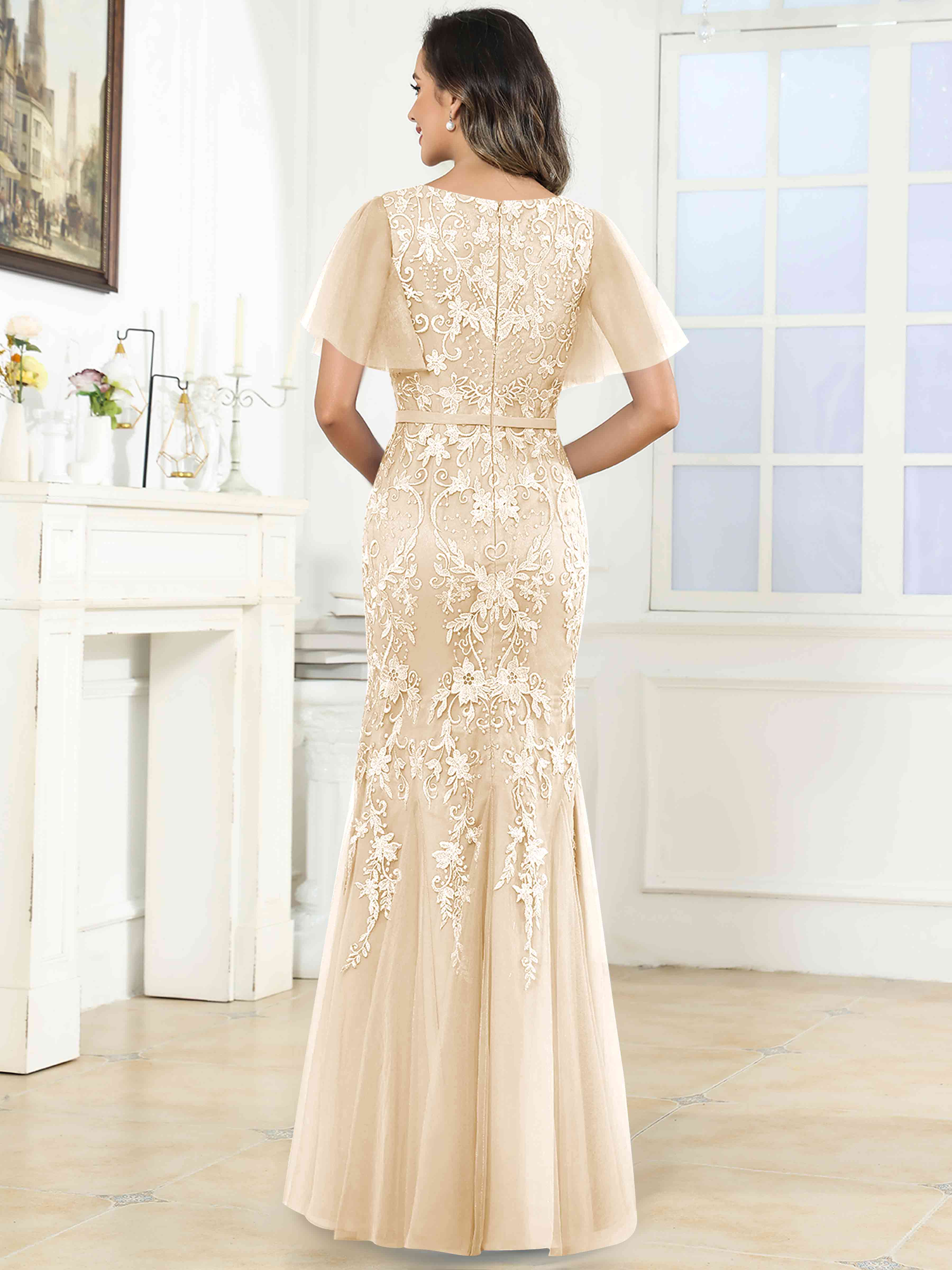 ROVDESY Elegant V-Neck Lace Mermaid Long Mother Of The Bride Dress Formal Gown With Sleeves