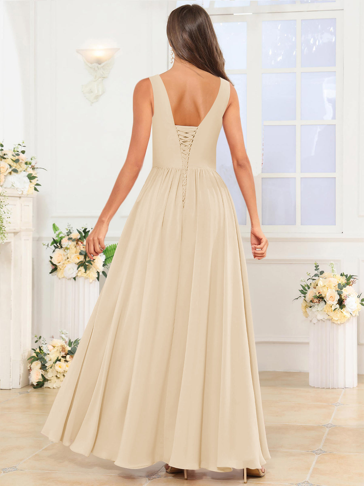V Neck Chiffon A Line Bridesmaid Dress with Slit