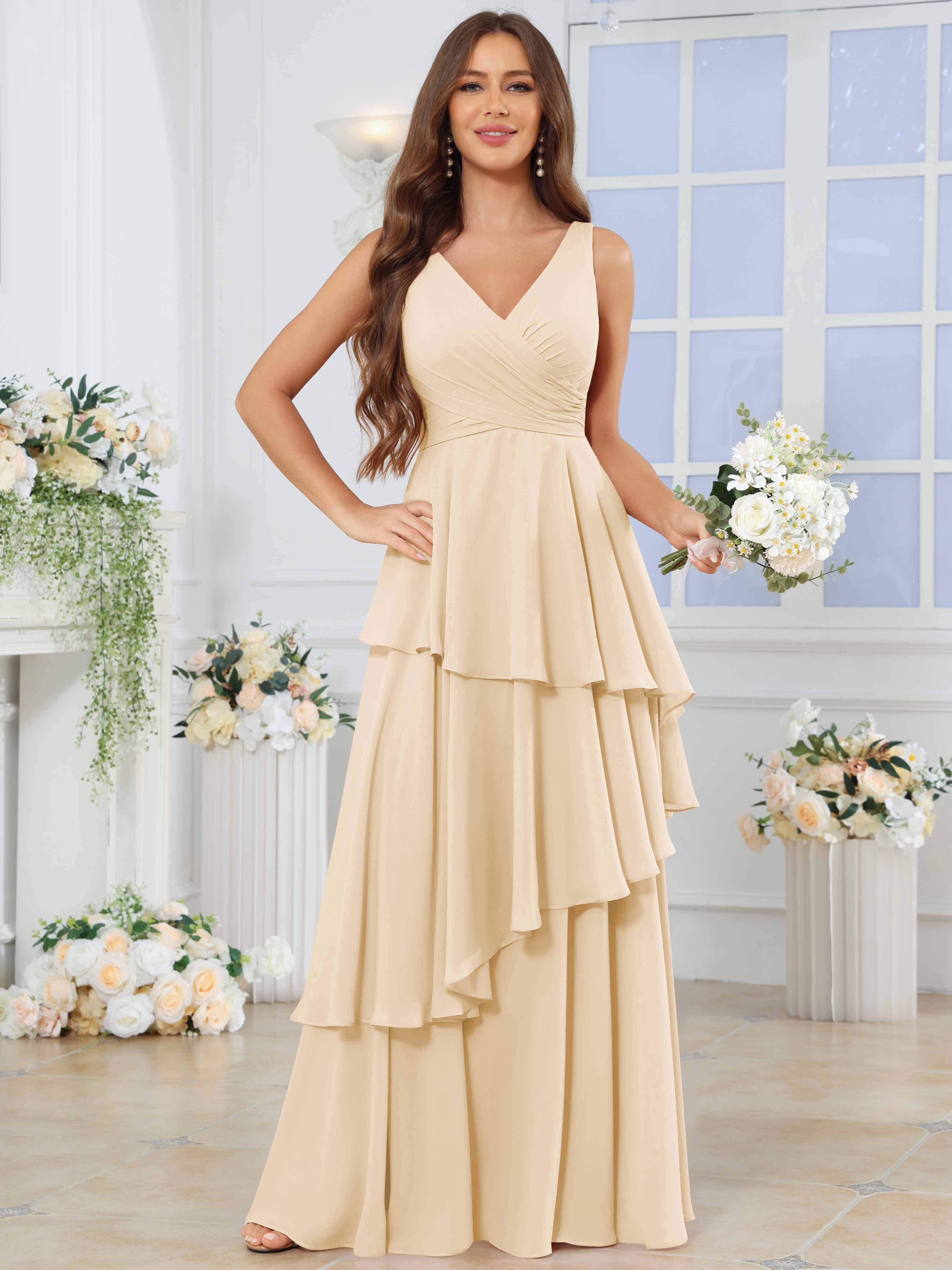 ROVDESY Long Sleeveless V-Neck Tiered Pleated Chiffon Bridesmaid Dress