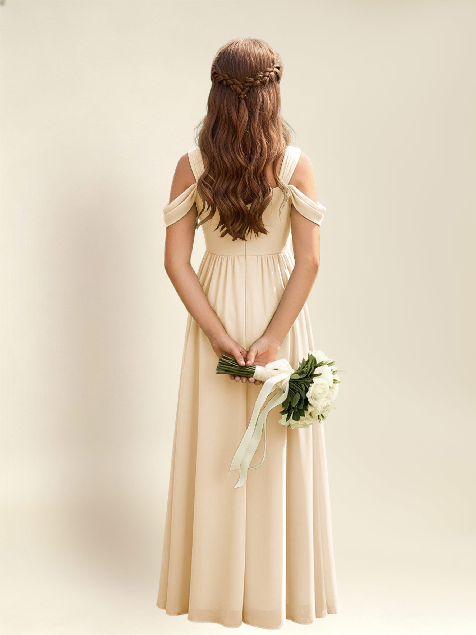 ROVDESY A-Line Off The Shoulder Pleated Chiffon Junior Bridesmaid Dress