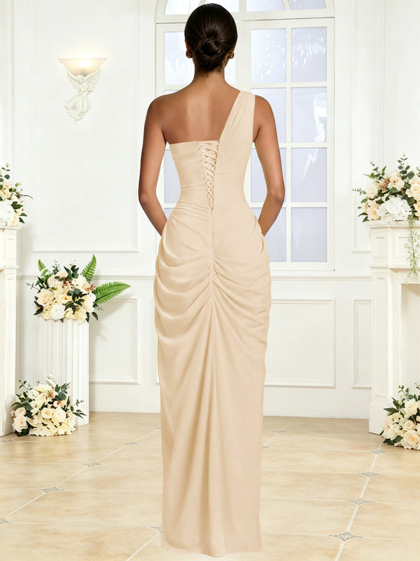 One Shoulder Chiffon Mermaid Long Bridesmaid Dress with Slit
