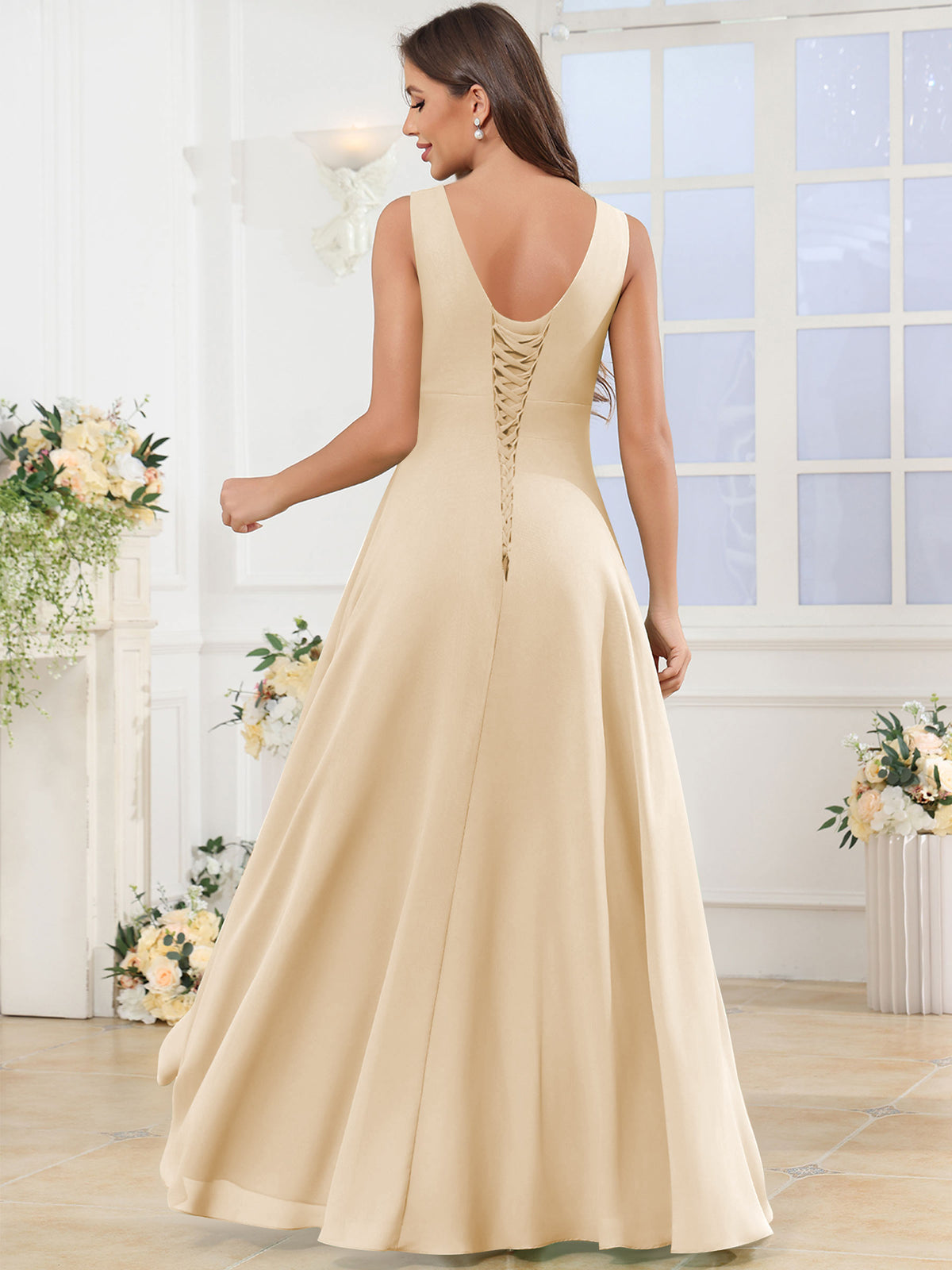 V Neck Chiffon A Line Ruffle Bridesmaid Dress with Slit