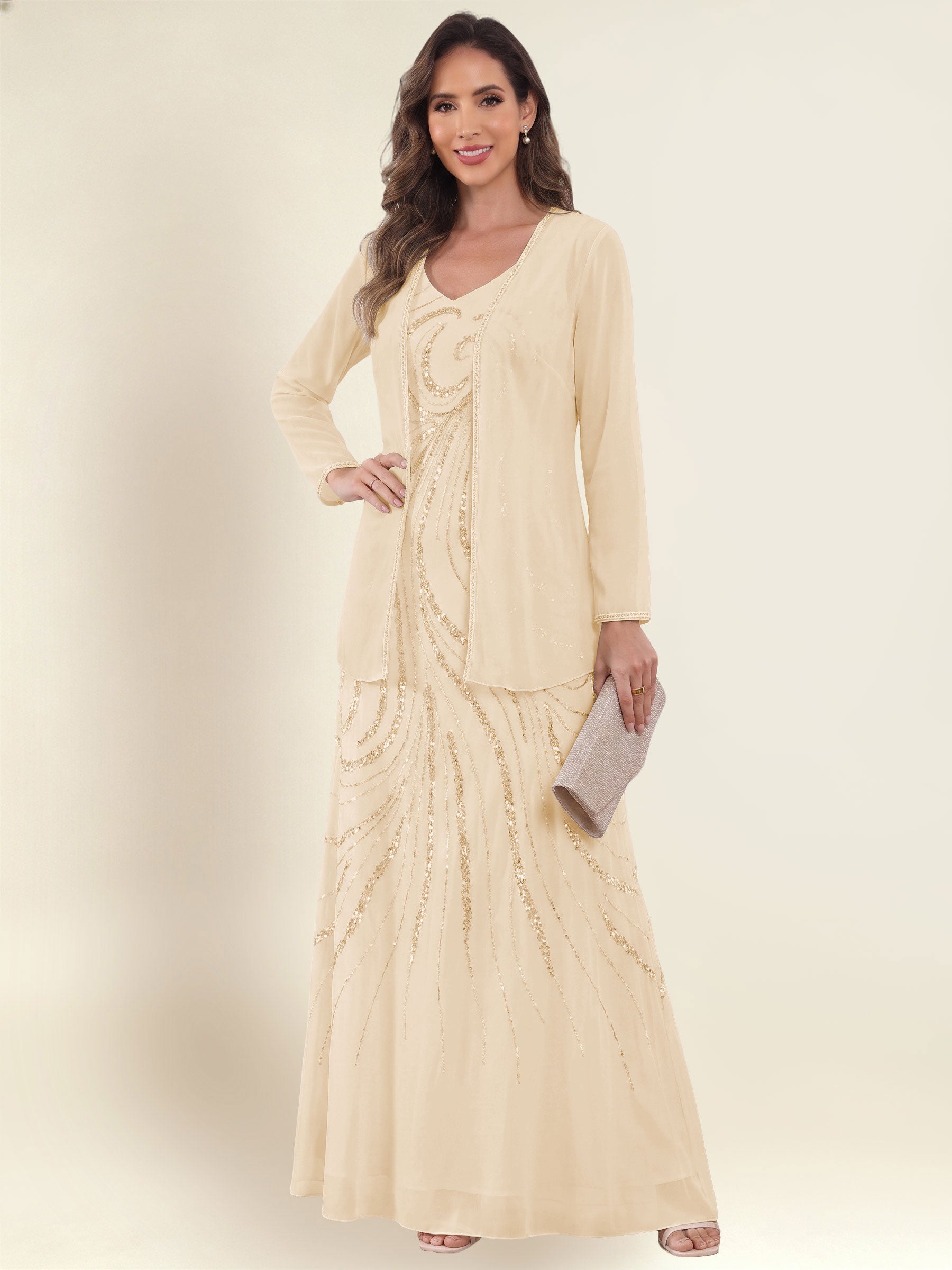 ROVDESY 2 Pieces V-Neck Sequin Chiffon Long Mother Of The Bride Dress With Long Sleeve Jacket