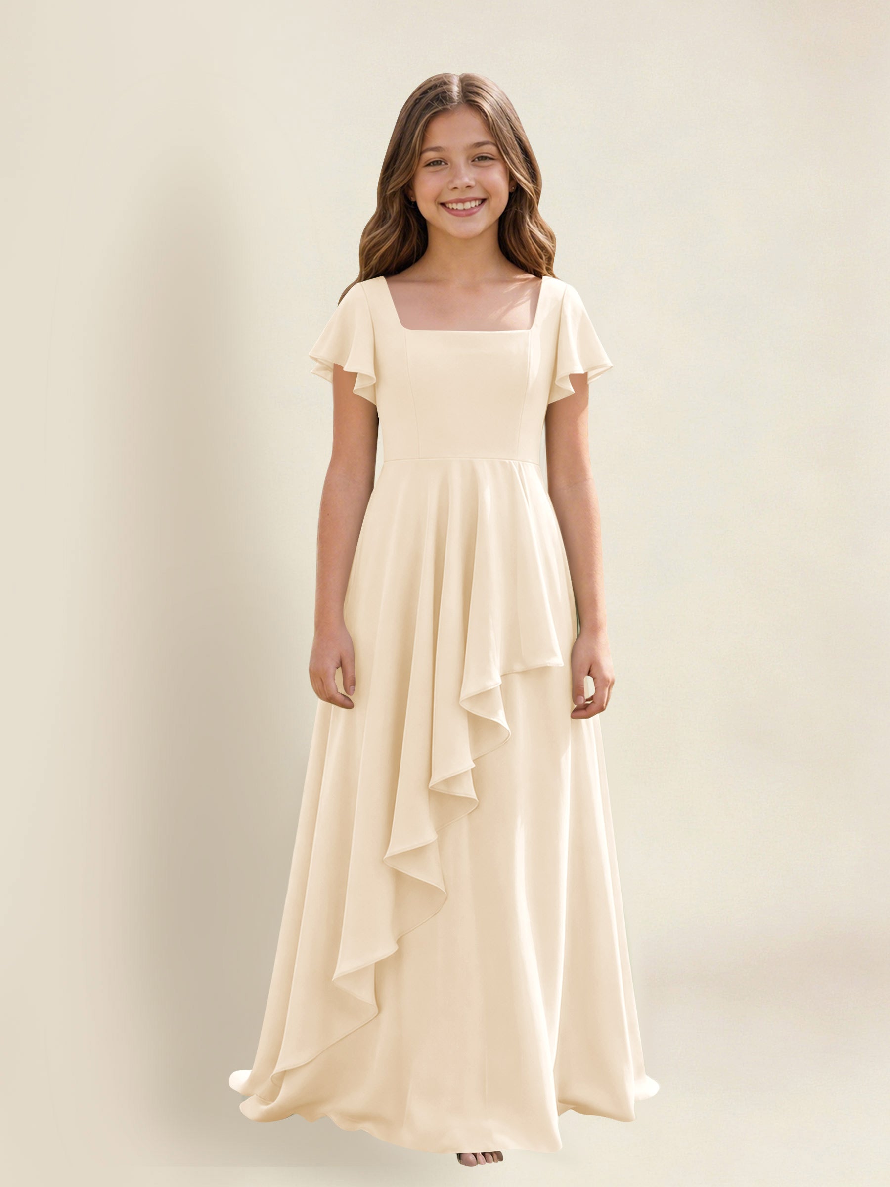 ROVDESY A-Line Square Neck Ruffle Chiffon Junior Bridesmaid Dress With Short Sleeves
