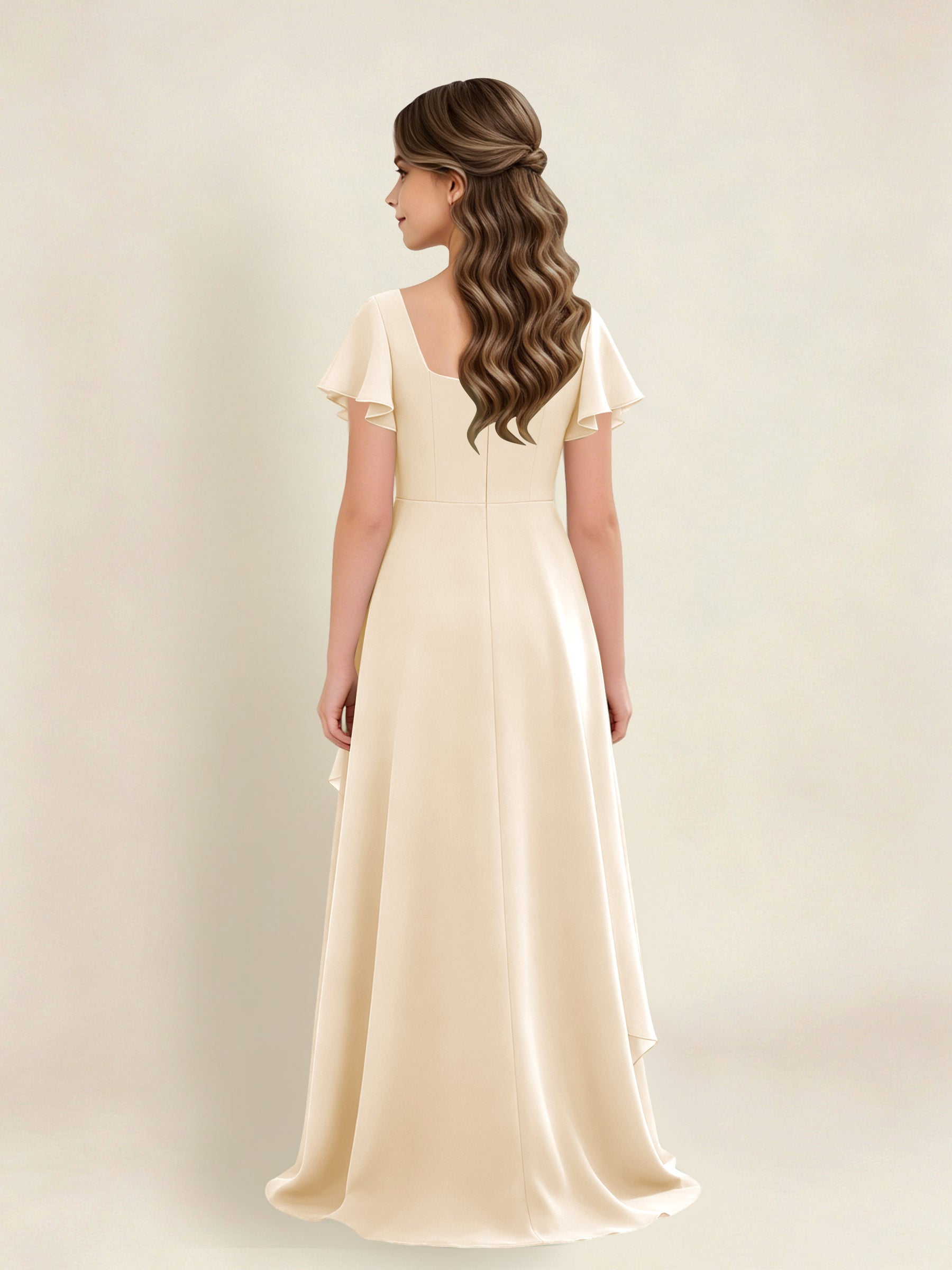 ROVDESY A-Line Square Neck Ruffle Chiffon Junior Bridesmaid Dress With Short Sleeves