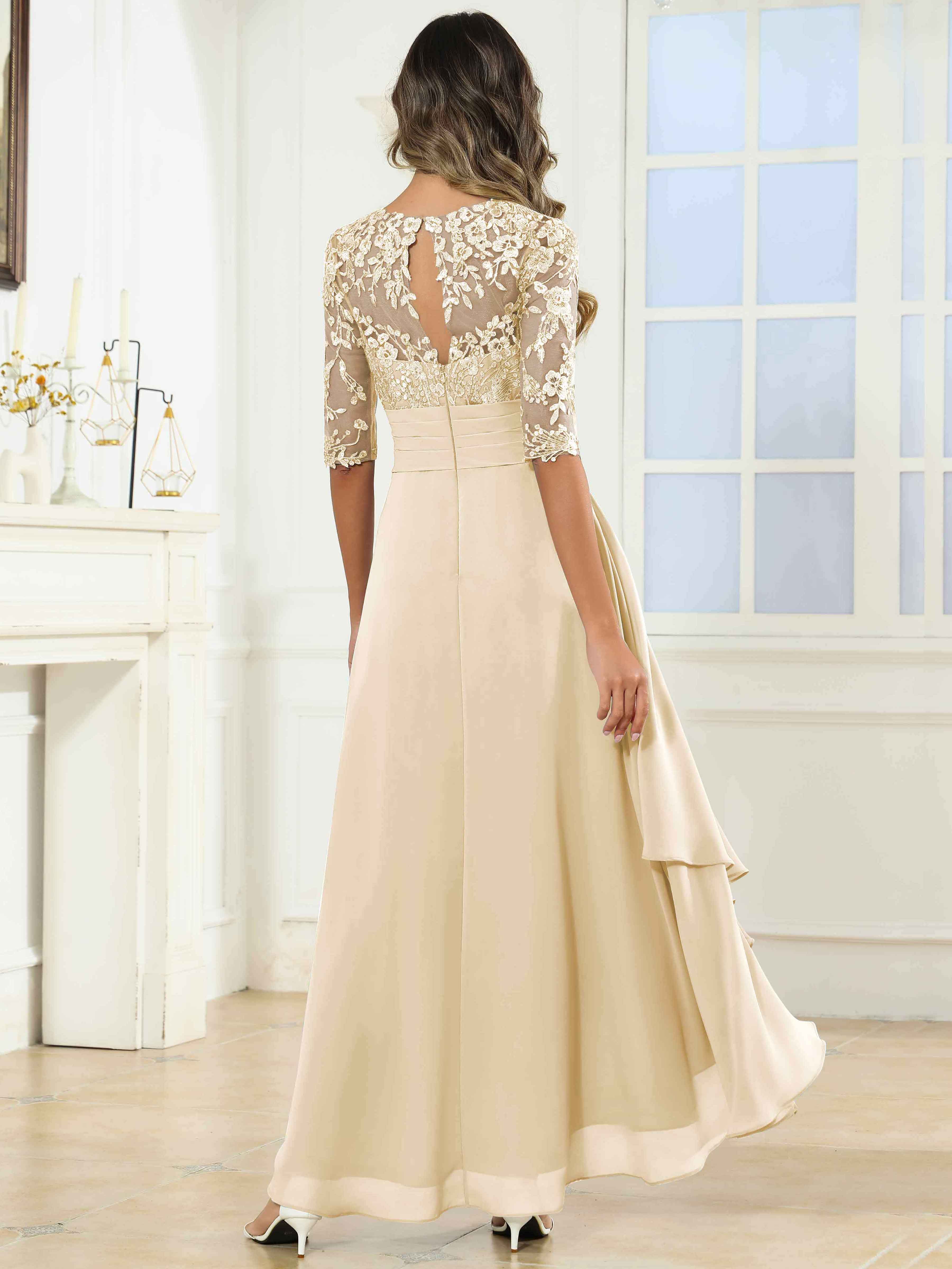 ROVDESY Tea Length A-Line Lace Chiffon Mother Of The Bride Dress With Half Sleeves
