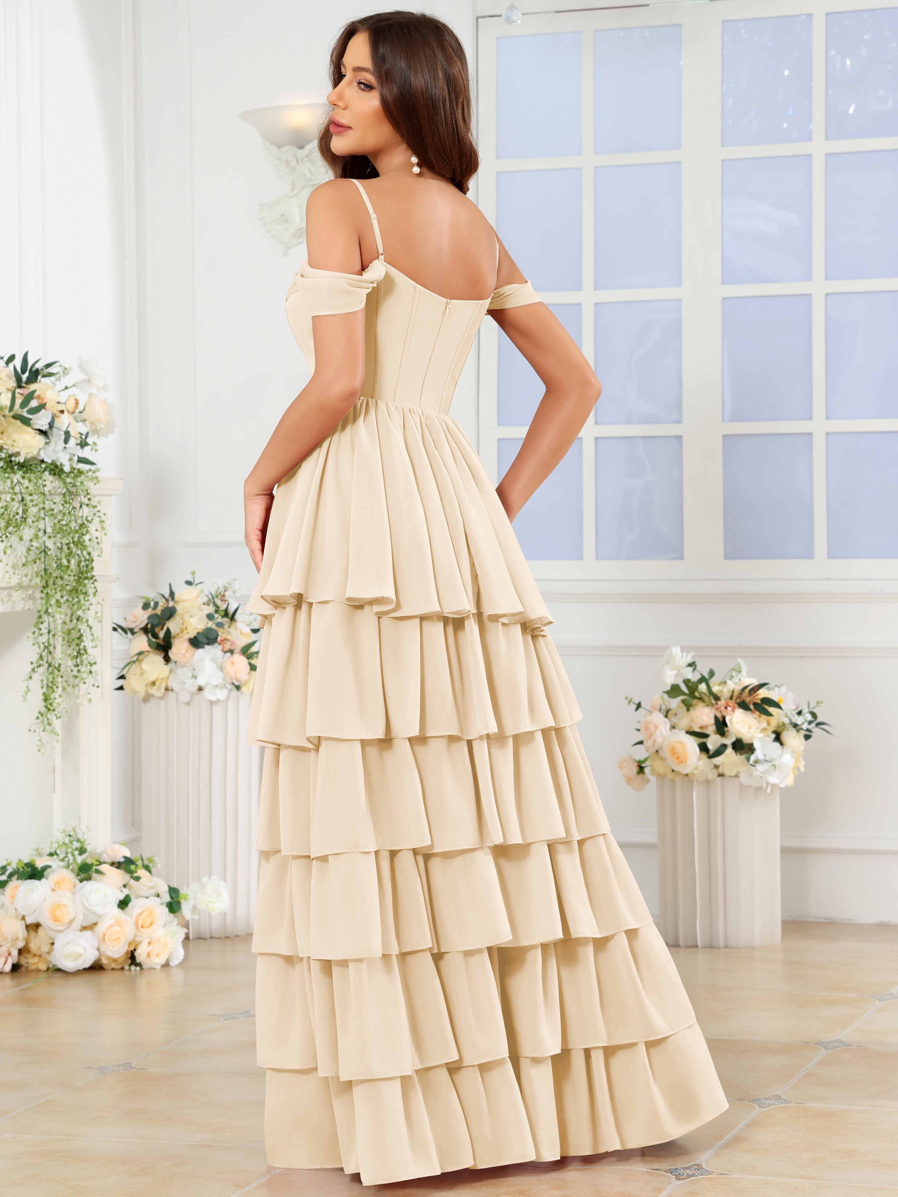 ROVDESY A-Line Off The Shoulder Tiered Chiffon Bridesmaid/Prom Dress With Slit