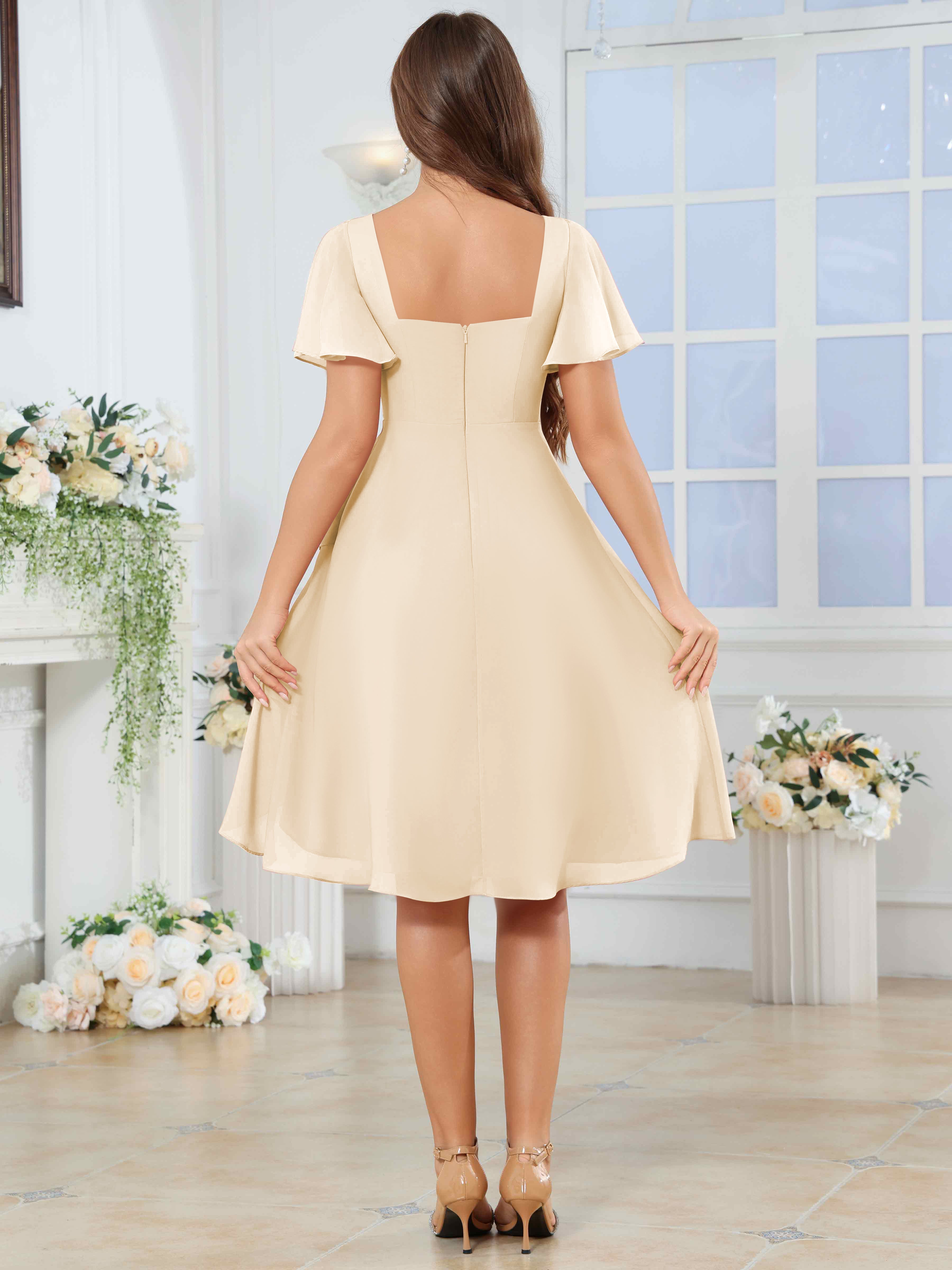 ROVDESY Knee Length V-Neck Pleated Chiffon Bridesmaid Dress With Short Sleeves