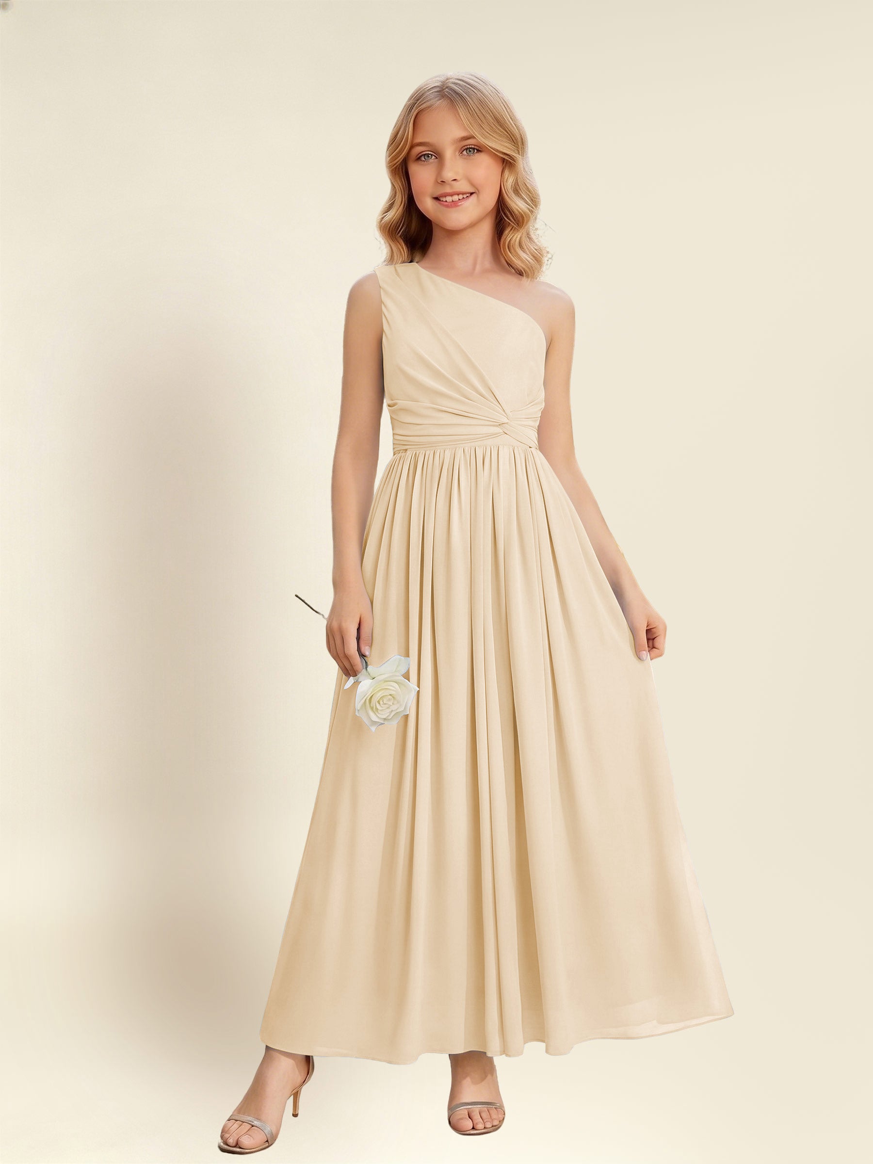 ROVDESY One Shoulder Twist Waist Chiffon Junior Bridesmaid Maxi Dress