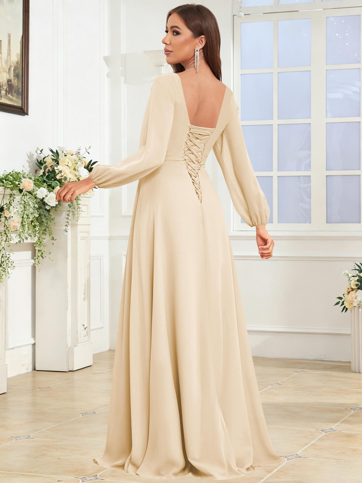 V Neck Chiffon Long Sleeve Bridesmaid Dresses with Slit
