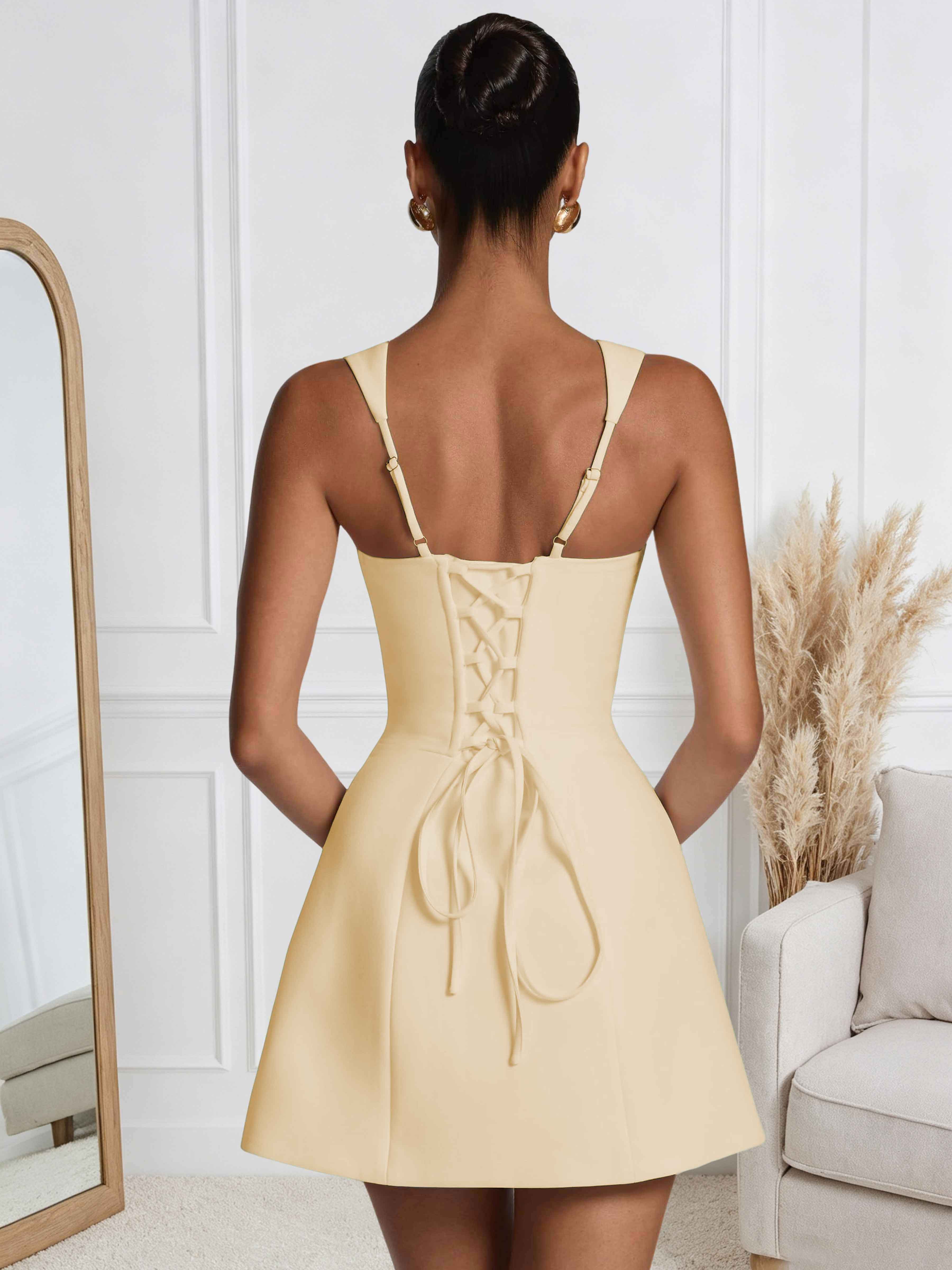 ROVDESY A-Line Square Neck Satin Homecoming Mini Dress