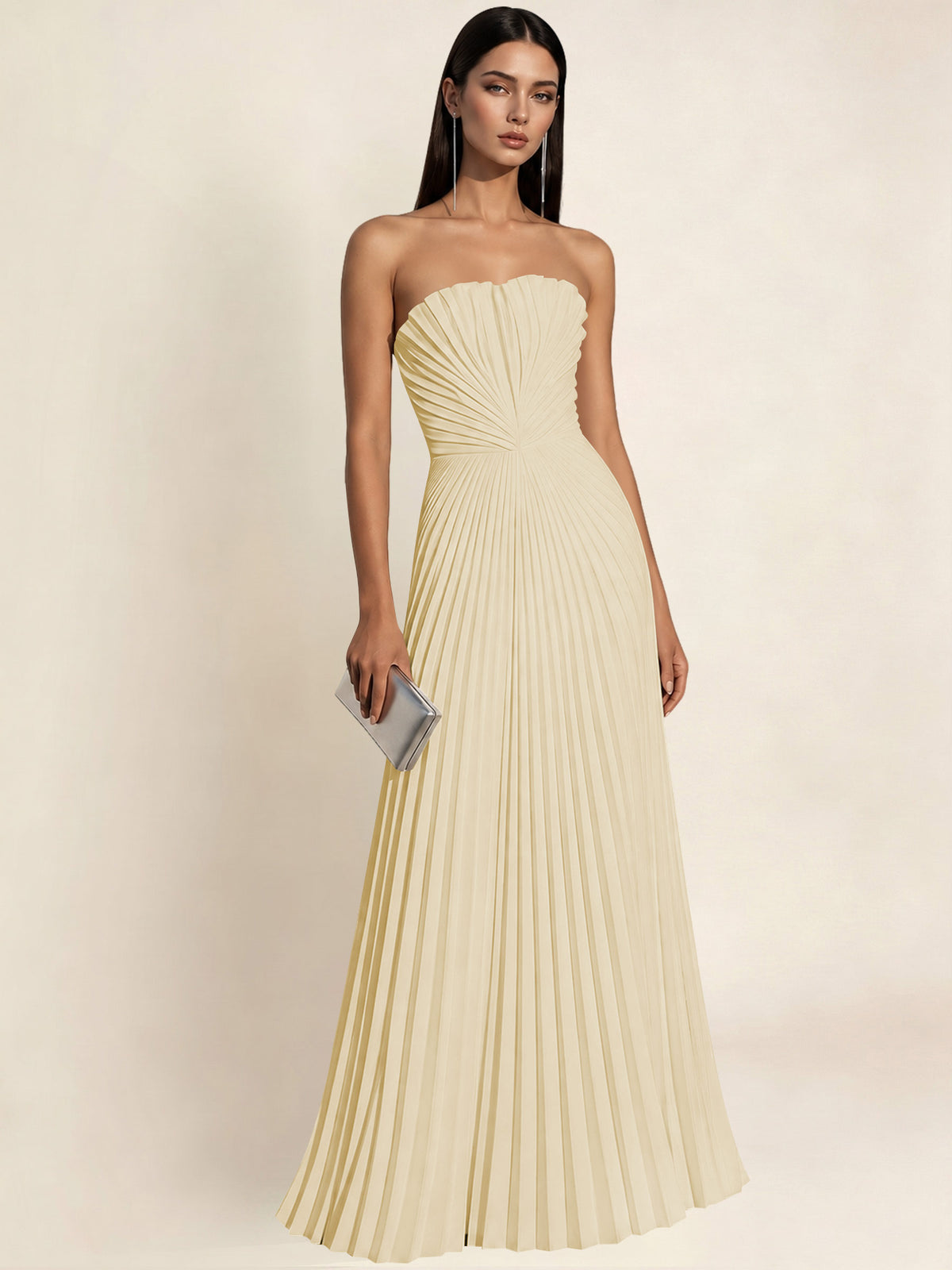 Strapless Satin Pleated A Line Bridesmaid Prom Dress