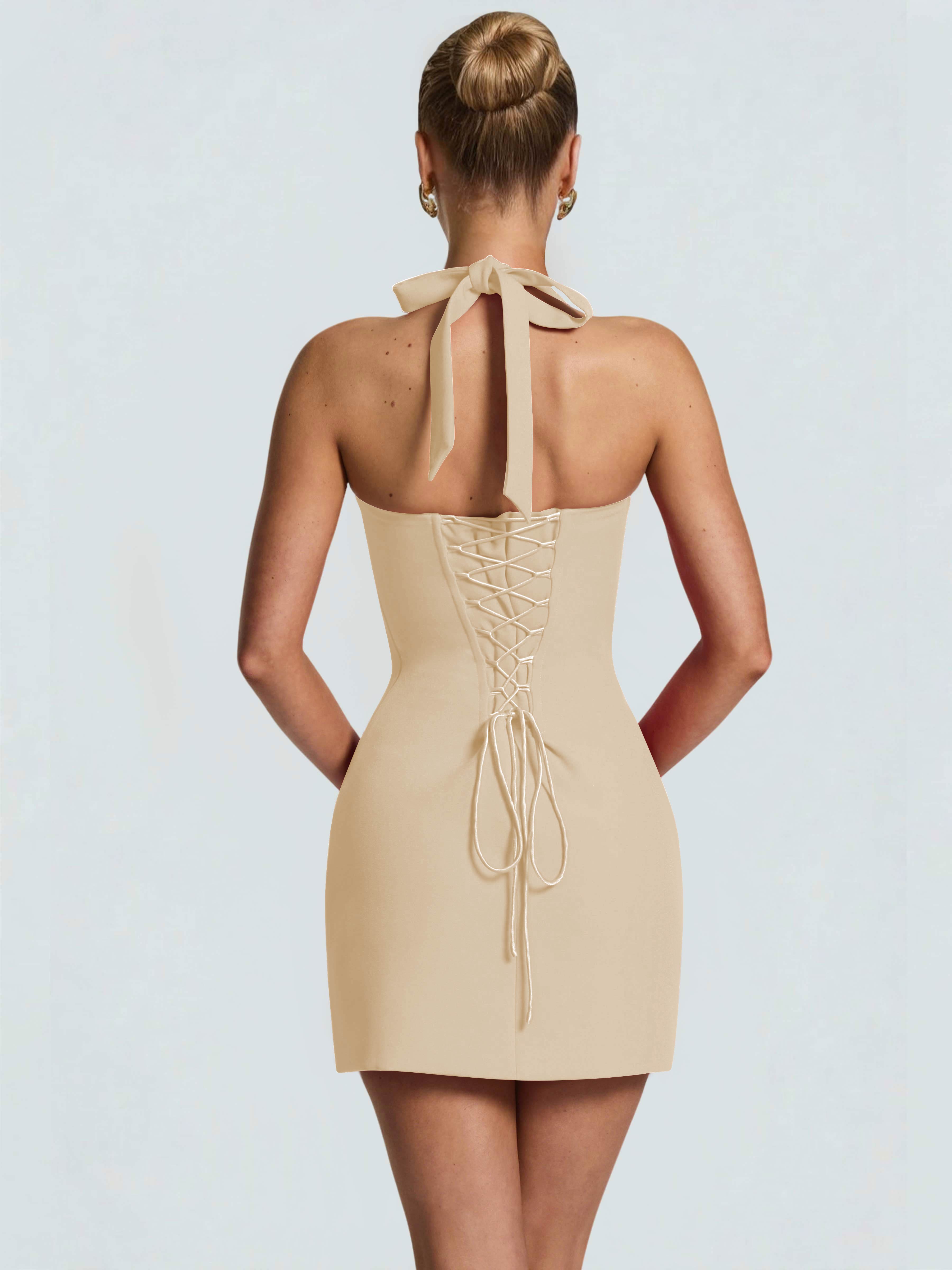 ROVDESY Halter Lace Satin Tight Homecoming Mini Dress