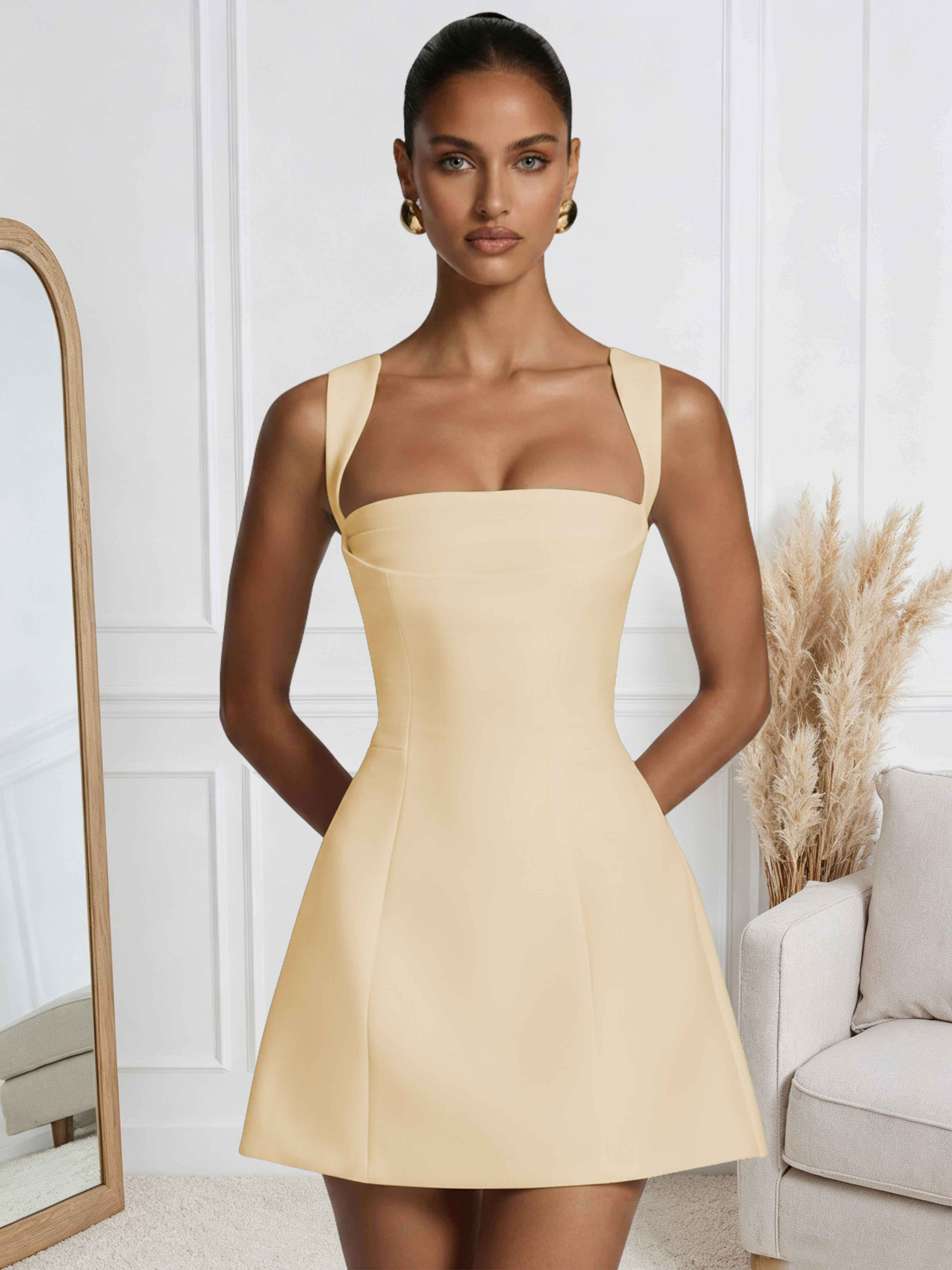 ROVDESY A-Line Square Neck Satin Homecoming Mini Dress