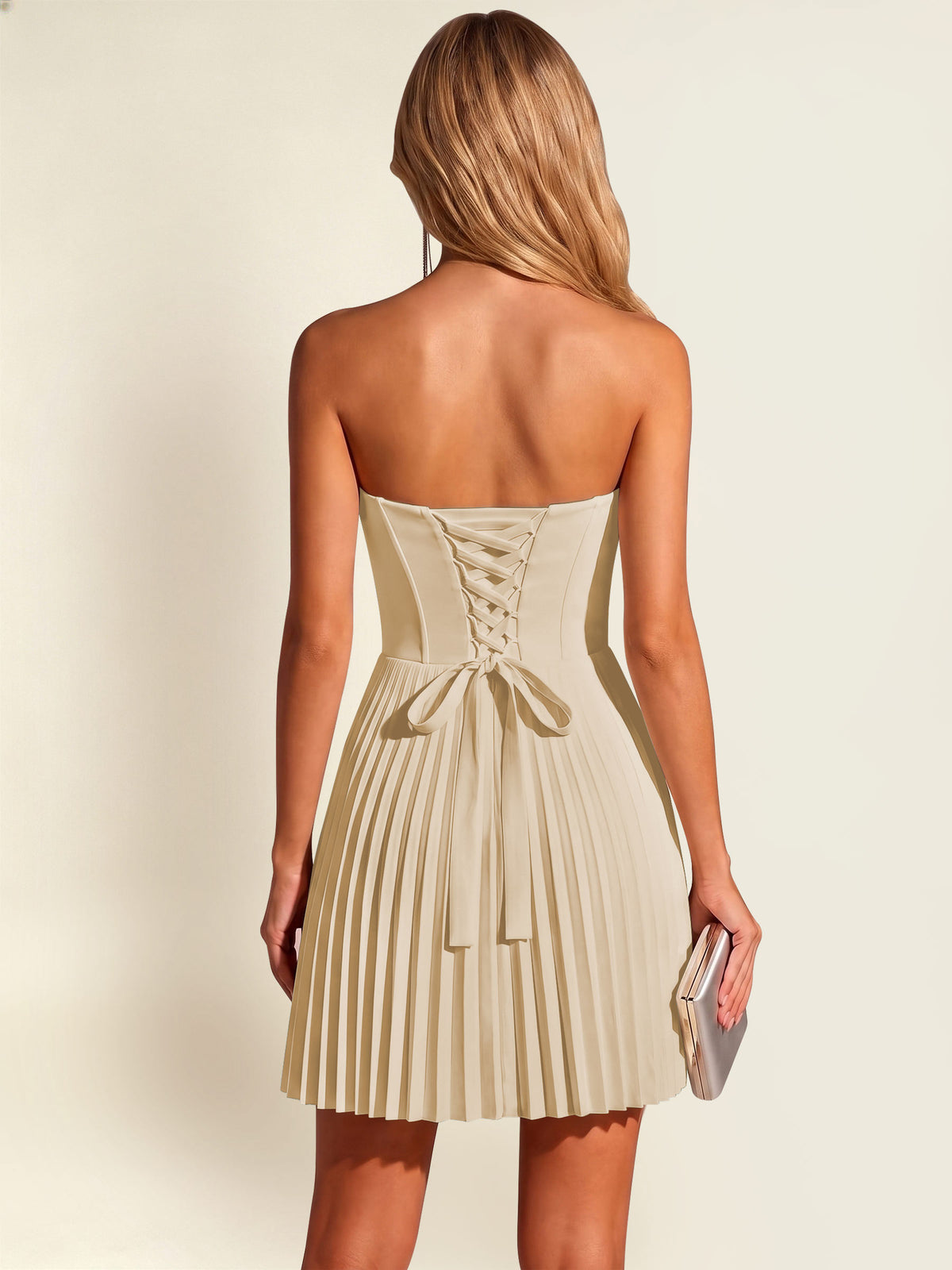 ROVDESY A-Line Strapless Pleated Satin Homecoming Mini Dress
