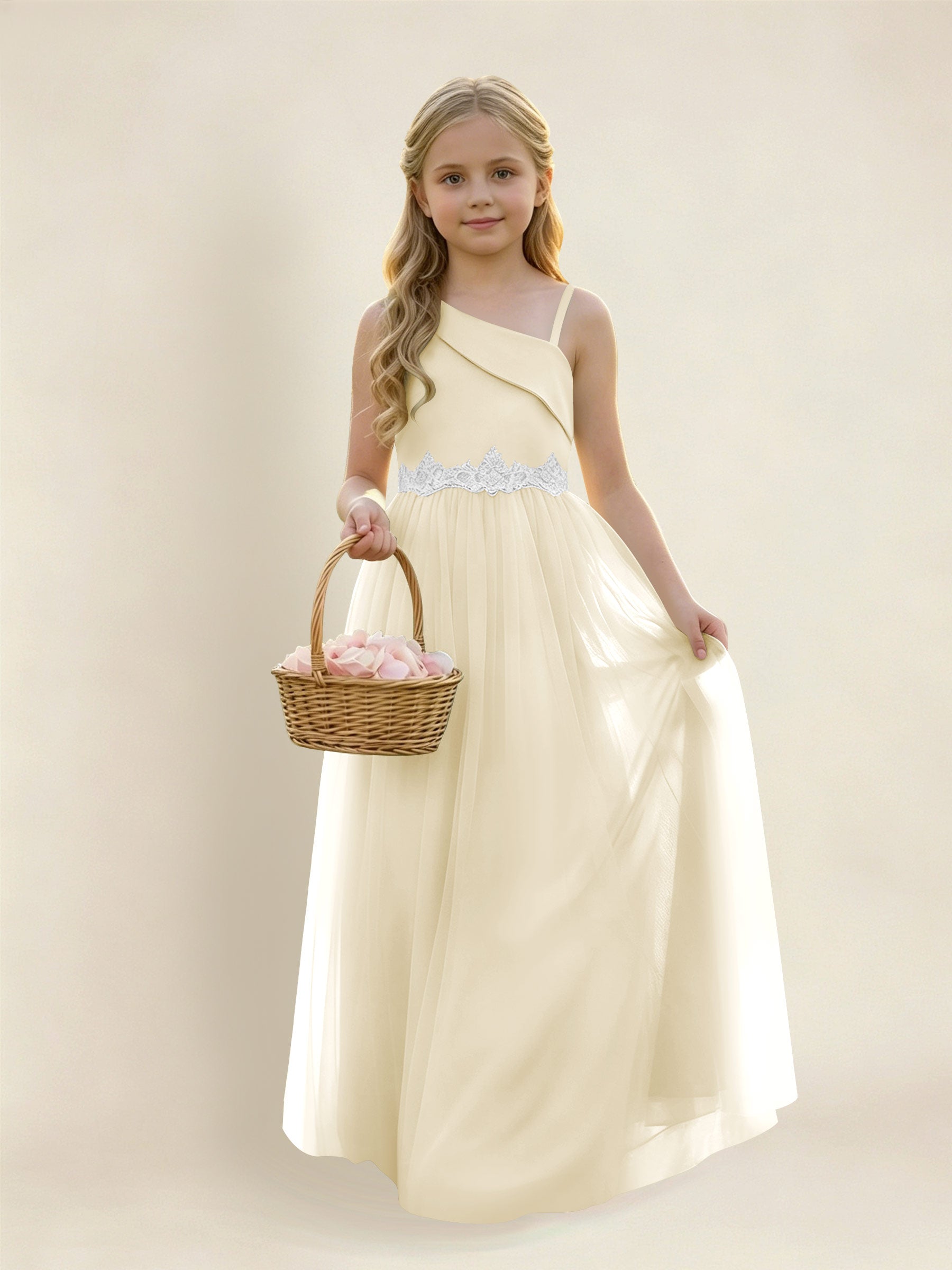 ROVDESY Asymmetric One Shoulder  Satin  Tulle Junior Bridesmaid Dress