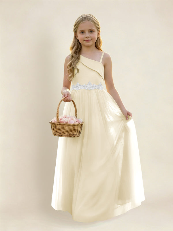 Asymmetric One Shoulder  Satin  Tulle Junior Bridesmaid Dress