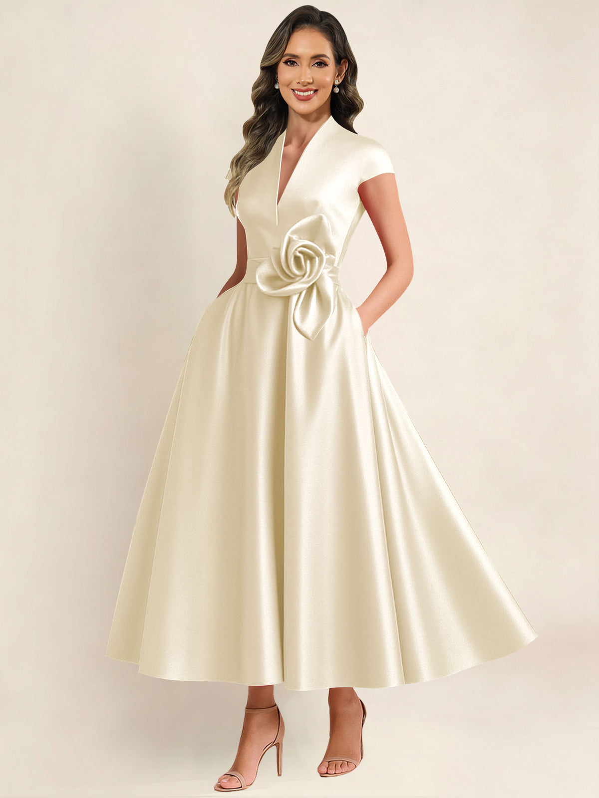 A Line V Neck 3D Flower Satin Mother of the Bride Dress