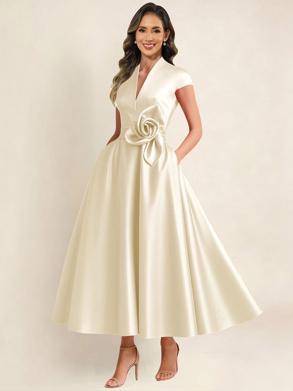 A Line V Neck 3D Flower Satin Mother of the Bride Dress