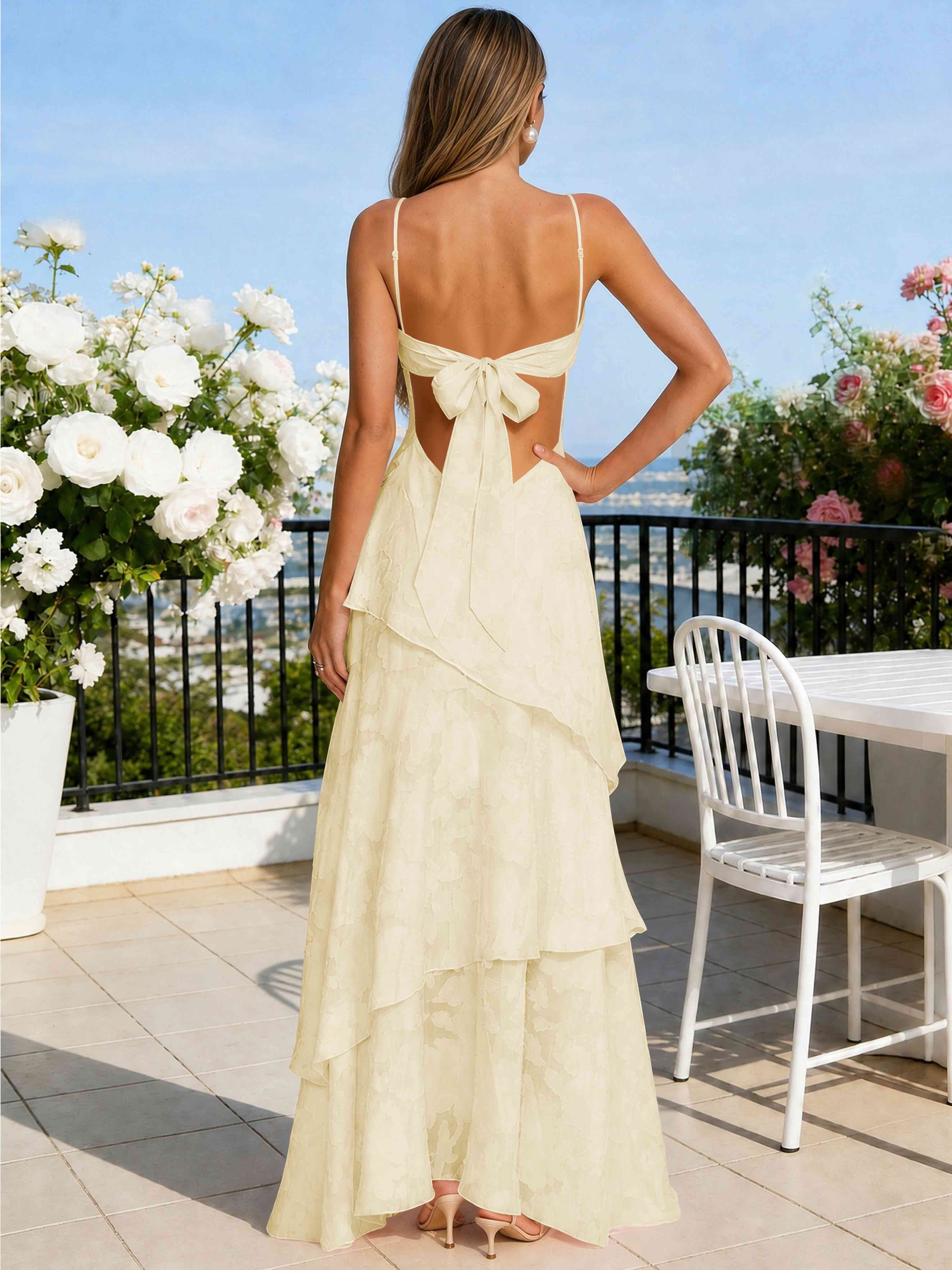 ROVDESY Spaghetti Strap V-Neck Chiffon Jacquard Tiered Ruffle Long Bridesmaid/Prom Dress