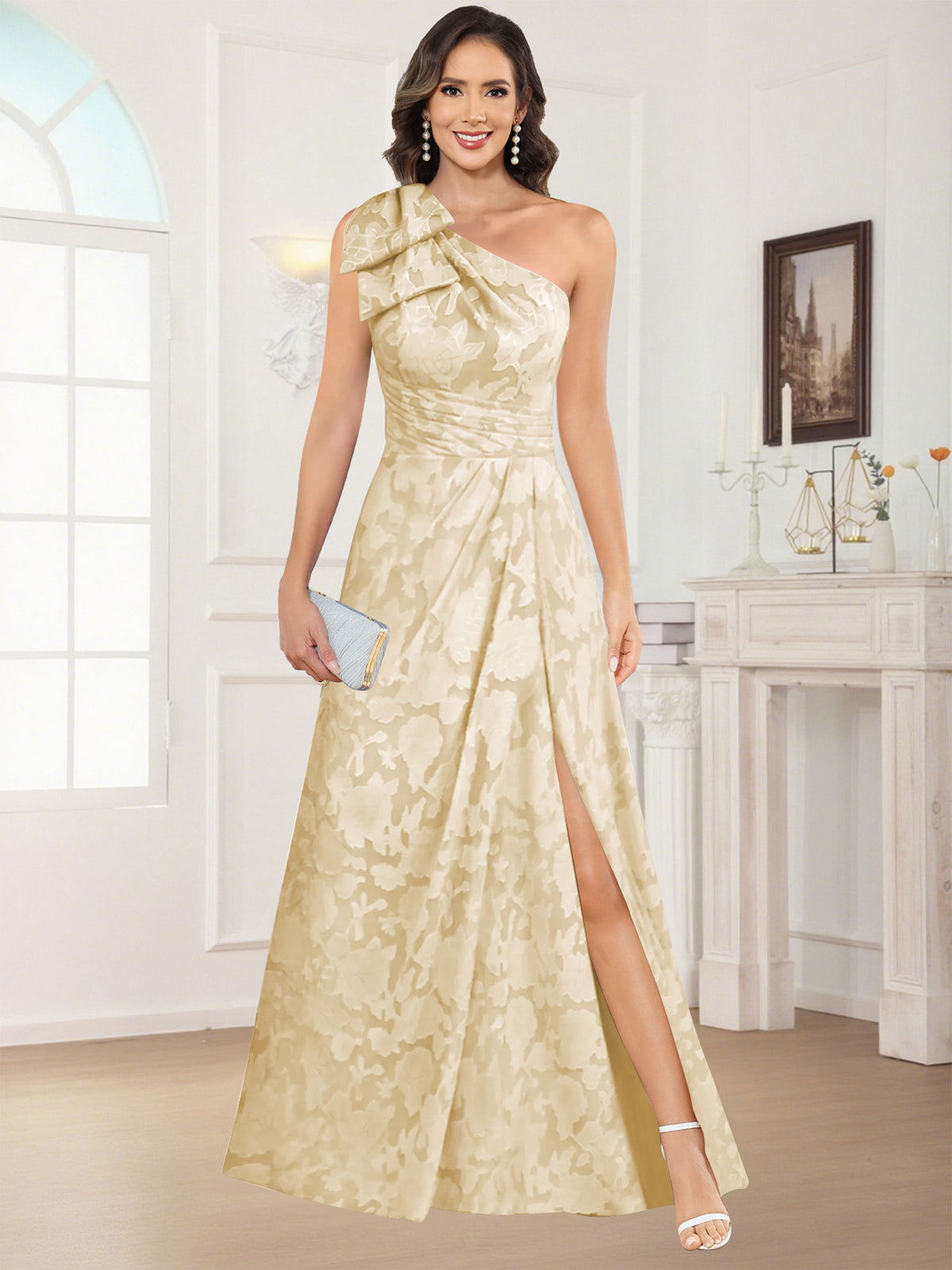 One Shoulder Floral Jacquard Mother of the Bride Dress