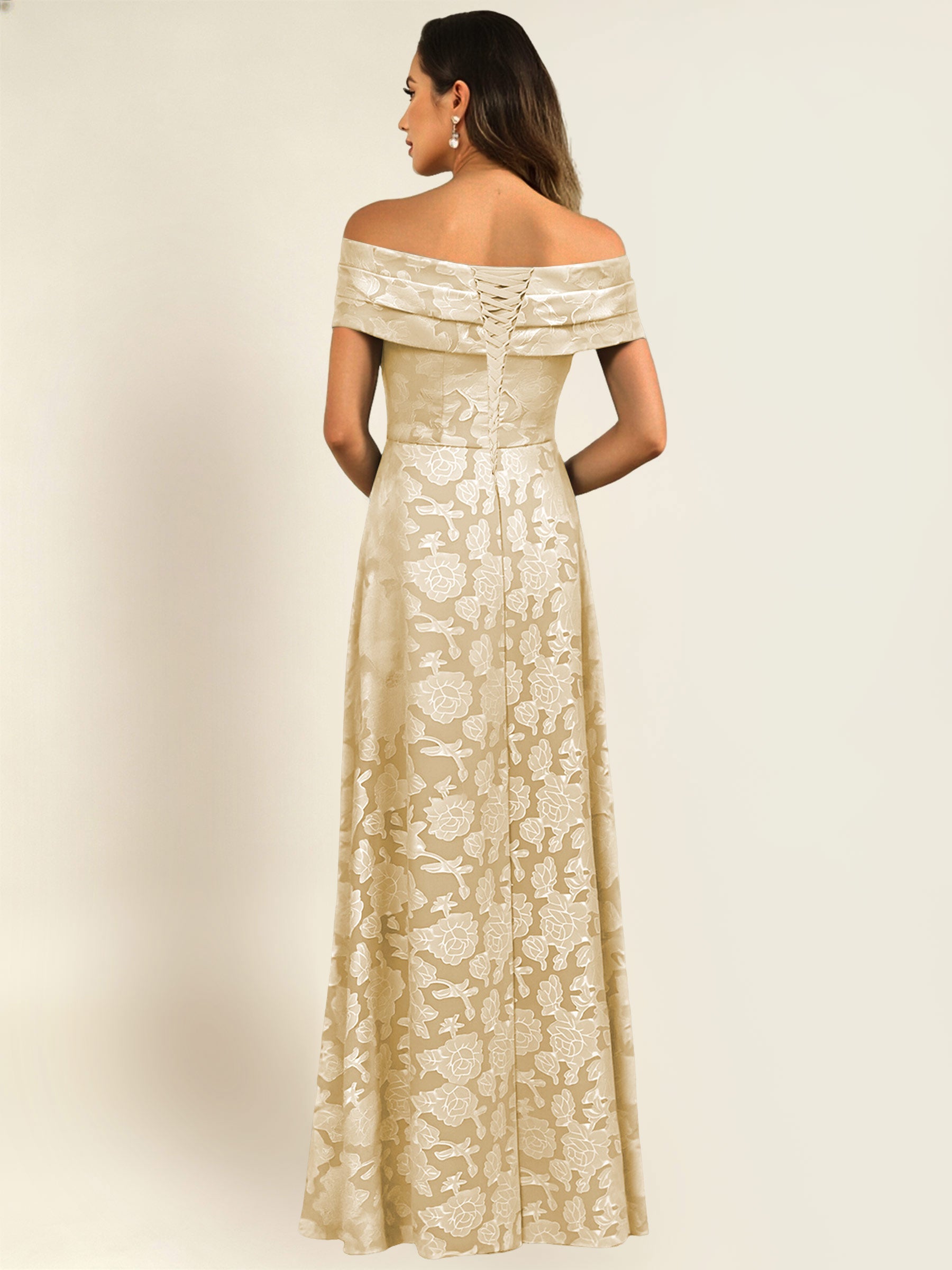 ROVDESY Off the Shoulder Floral Jacquard A-Line Long Mother of the Bride Dress