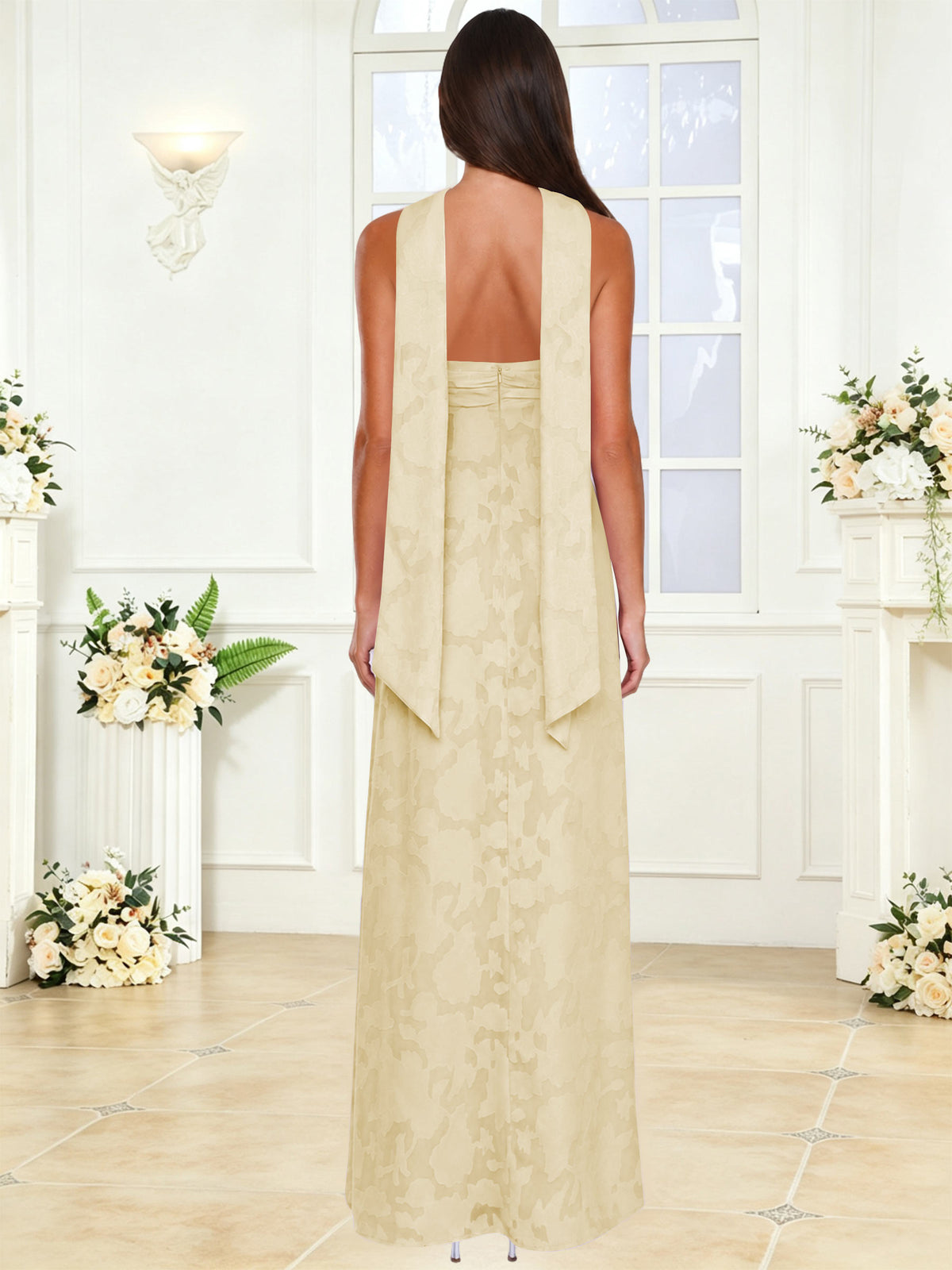 Spaghetti Strap Ruched Floral Jacquard A Line Bridesmaid Dress with Scarf