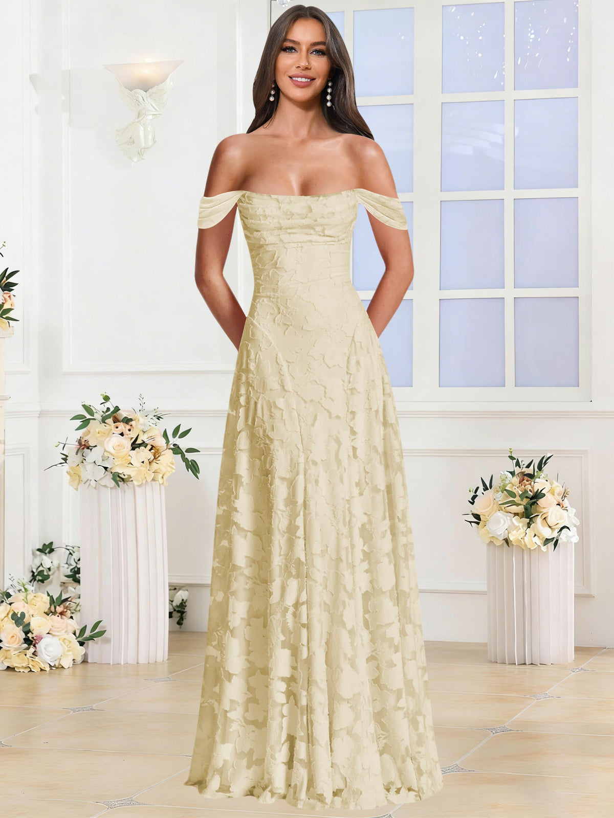 Off the Shoulder Floral Ruched A-line Bridesmaid Dress