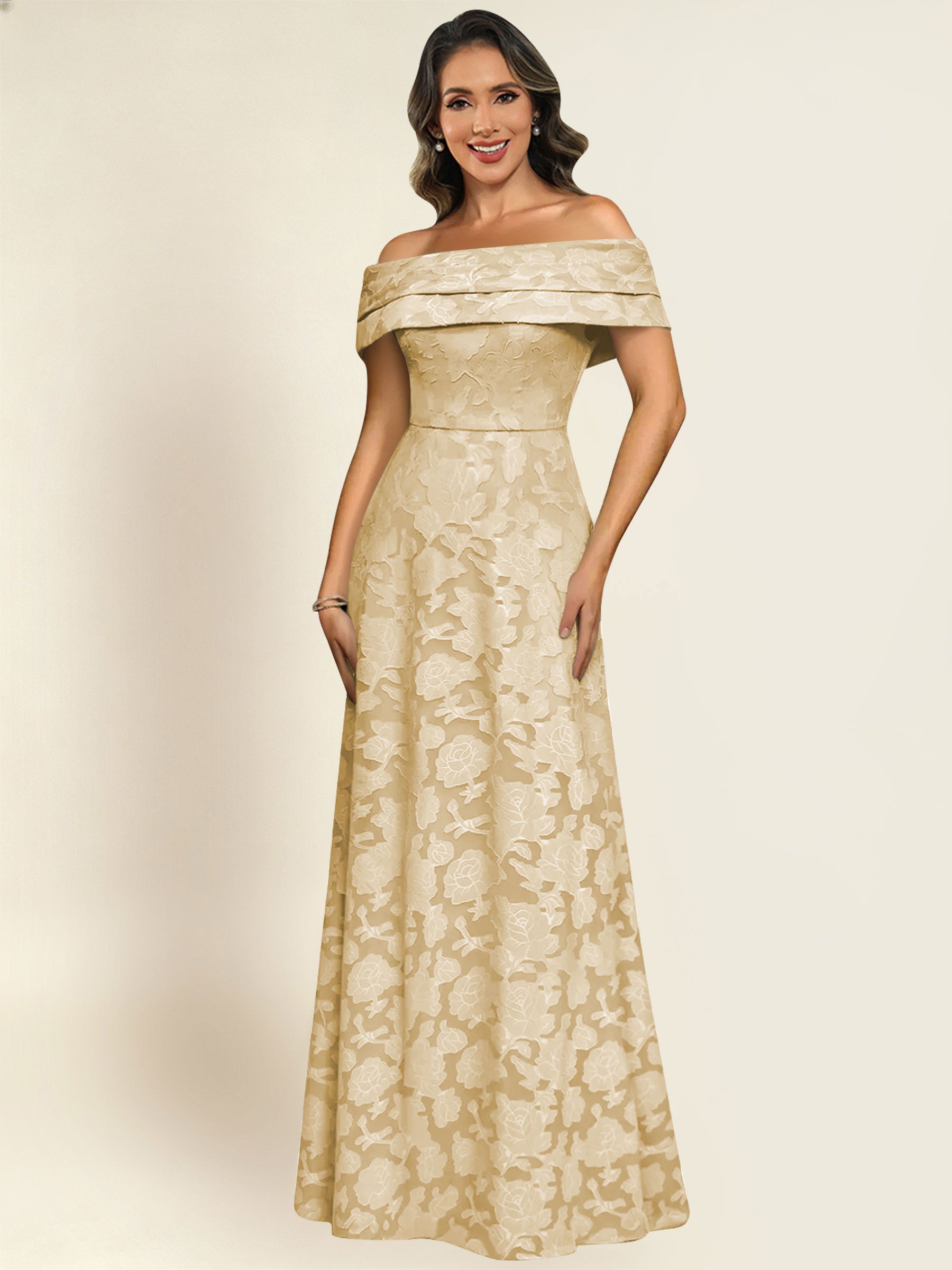 ROVDESY Off the Shoulder Floral Jacquard A-Line Long Mother of the Bride Dress