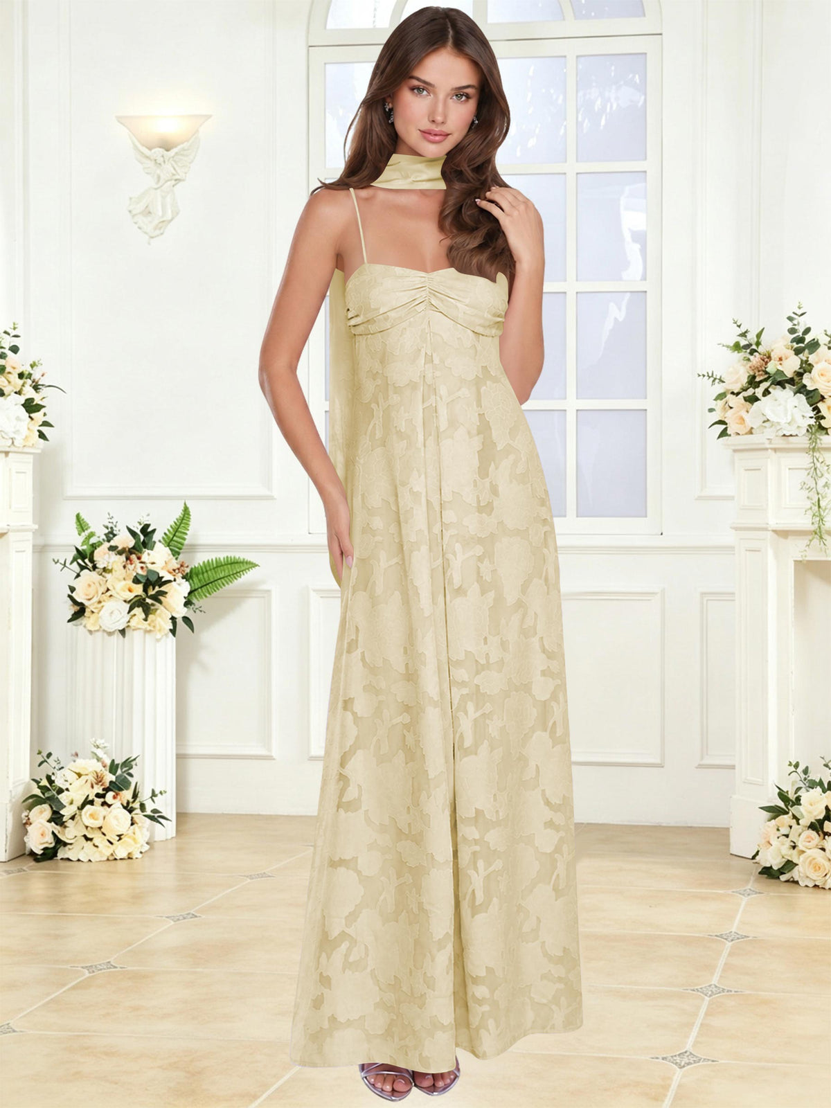 Spaghetti Strap Ruched Floral Jacquard A Line Bridesmaid Dress with Scarf